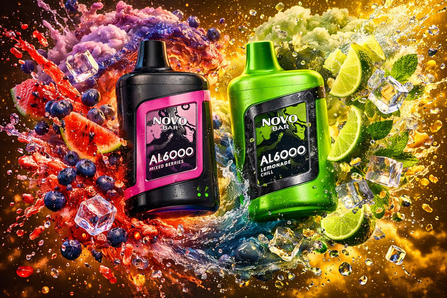 Two NOVO BAR AL6000 vape devices are displayed in a vibrant, high-energy composition. The black and pink device on the left represents the “Mixed Berries” flavor, surrounded by splashes of red and purple liquid, blueberries, watermelon, and ice cubes. The green device on the right symbolizes “Lemonade Chill,” framed by lime slices, mint leaves, and cool yellow-green tones. The dynamic contrast of colors and swirling motion evokes freshness, flavor intensity, and modern design.