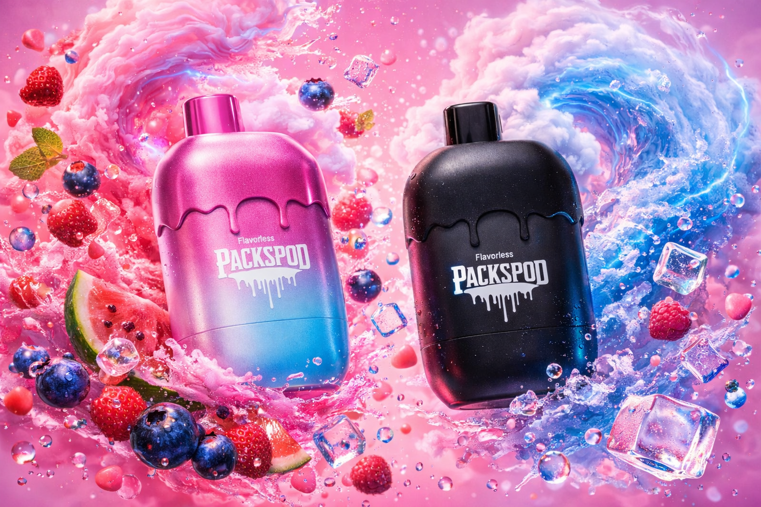Two Flavorless Packspod disposable vape devices displayed against a dreamy pink background filled with swirling cotton candy clouds, electric blue lightning arcs, and dynamic water splashes. The left device features the brand's signature rounded capsule shape in a vibrant pink-to-blue gradient with a drip graphic design, while the right showcases the same form factor in a sleek matte black finish, both bearing the bold gothic-style 'Packspod' branding with a white drip logo. Fresh strawberries, blueberries, raspberries, watermelon slices, mint leaves, and scattered ice cubes are arranged throughout the foreground, adding a lush, fruity atmosphere to the composition. The soft pink candy-like backdrop paired with the striking contrast between the colorful gradient and stealthy black devices creates a playful yet edgy visual aesthetic unique to the Packspod brand