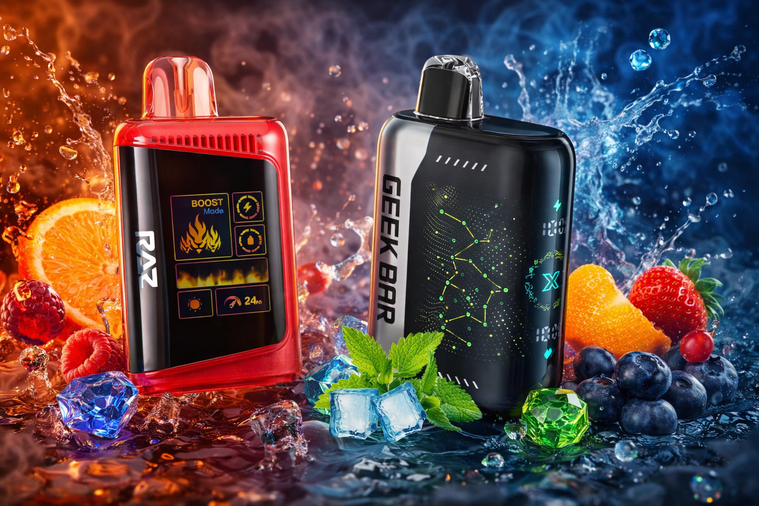 The image shows two vape devices placed side by side, each with a contrasting visual theme. The left device appears in red and black with fiery citrus and berry elements behind it, creating a warm, energetic atmosphere. The right device is black and silver, surrounded by splashing water, ice, mint, and cool-toned fruits, giving it a refreshing, icy feel. Together, they form a striking “heat versus coolness” composition.