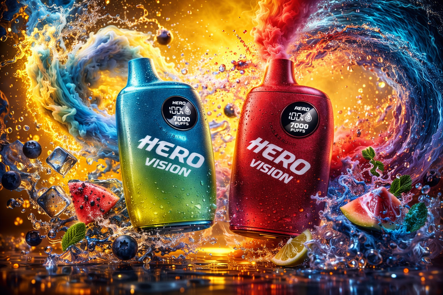 Two vape devices labeled “HERO VISION” stand side by side amid a dramatic swirl of colorful vapor and splashing liquid. The left device, in turquoise and green tones, displays “HERO 100% 7000 PUFFS,” surrounded by blueberries, mint leaves, ice cubes, and a slice of watermelon. The right device, in bright red, shows the same text and is surrounded by red vapor, watermelon pieces, lemon slices, and mint. The composition contrasts cool and warm tones, evoking freshness, energy, and dynamic flavor intensity.