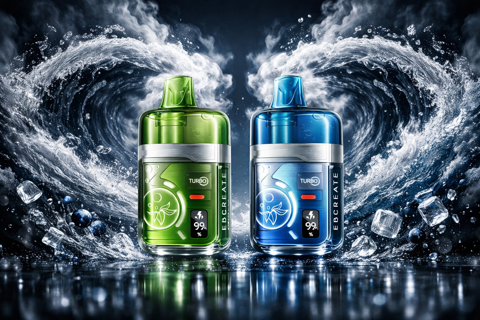 Two EB CREATE Turbo vape devices stand side by side in a dramatic, high-contrast composition. The left device, in metallic green, is surrounded by swirling water waves, blueberries, and ice cubes, symbolizing freshness and energy. The right device, in metallic blue, mirrors the same dynamic motion with icy tones and vapor effects, evoking a cool, powerful sensation. The reflective surface and water vortex background emphasize the sleek design and high-performance aesthetic of the products.