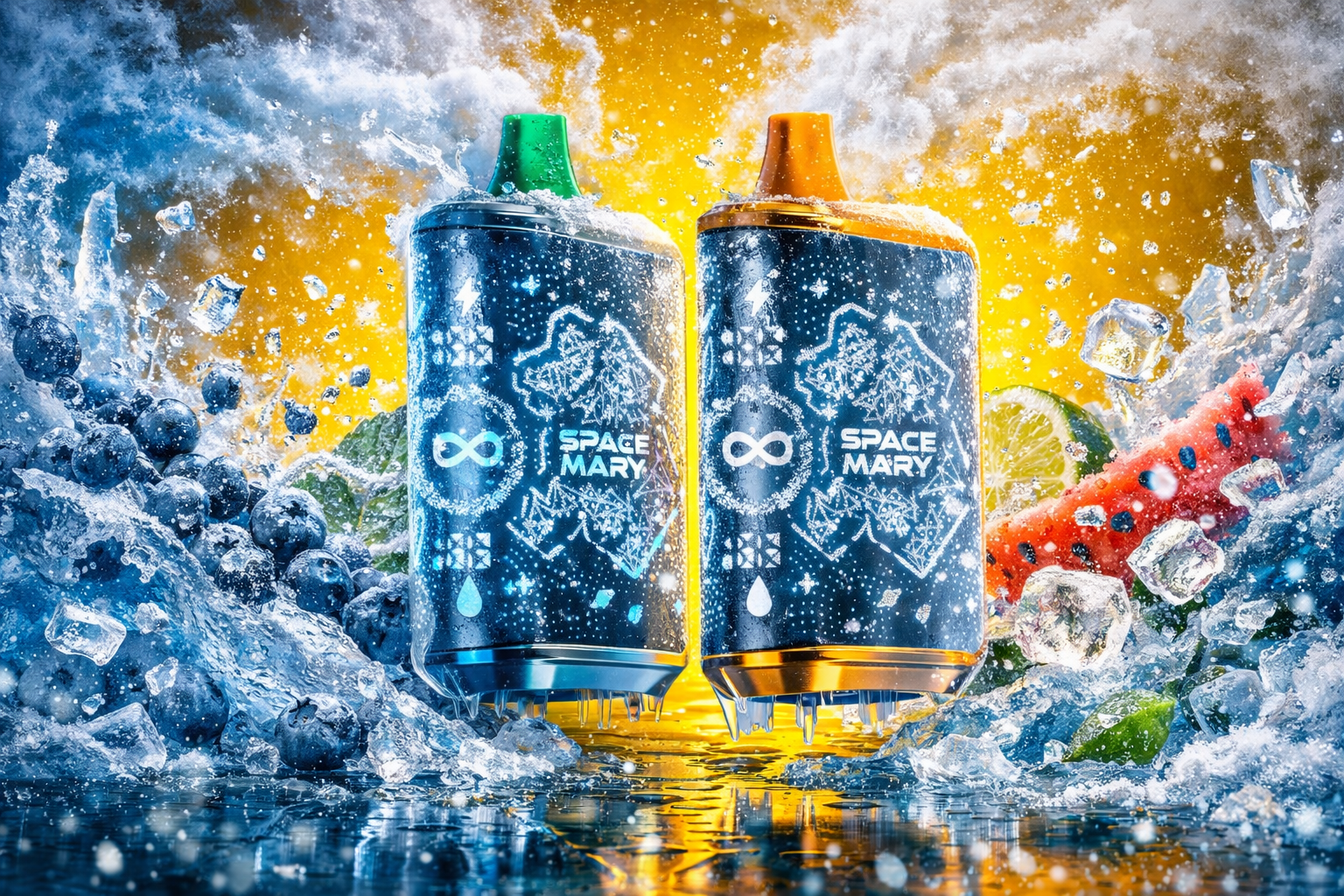 Two SPACE MARY vape devices stand side by side in a vibrant, icy composition. The left device has a green top, while the right one features an orange top, both with dark blue bodies decorated with white geometric patterns and the SPACE MARY logo. Surrounding them are splashes of water, ice cubes, blueberries, watermelon slices, lime, and mint leaves, creating a dynamic sense of freshness and cold energy. The contrasting blue and golden background enhances the feeling of chill and brightness, emphasizing a modern, high-tech aesthetic.