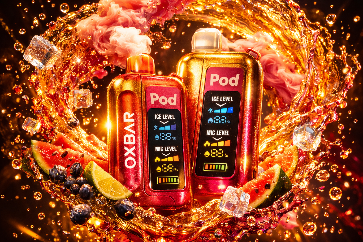 Two Oxbar Pod disposable vape devices are showcased side by side in matching metallic red/gold chrome finishes, both displaying their signature LCD screens with 