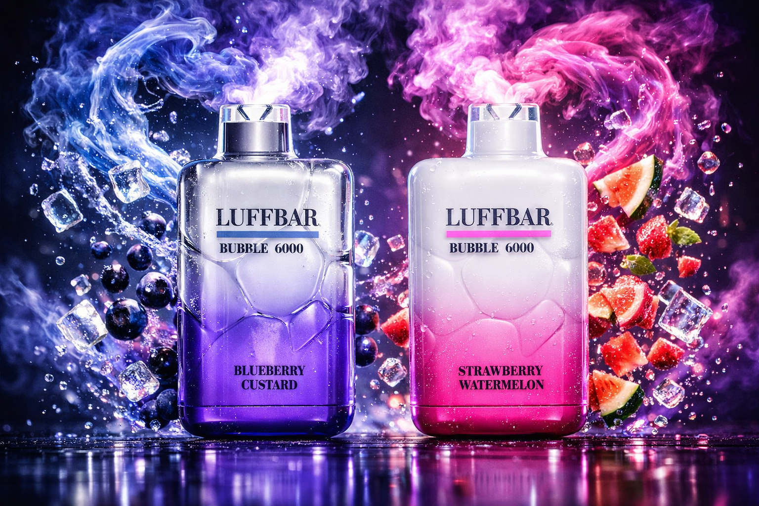 Two LUFFBAR Bubble 6000 vape devices stand side by side in a vibrant, high-energy composition. The left device, in silver and purple labeled Blueberry Custard, is surrounded by swirling blue vapor, blueberries, and ice cubes, evoking a cool, creamy flavor. The right device, in silver and pink labeled Strawberry Watermelon, is framed by pink vapor, watermelon slices, strawberries, mint leaves, and ice cubes, symbolizing fruity freshness. The dynamic lighting and contrasting colors create a visually striking scene that highlights flavor intensity and modern design.