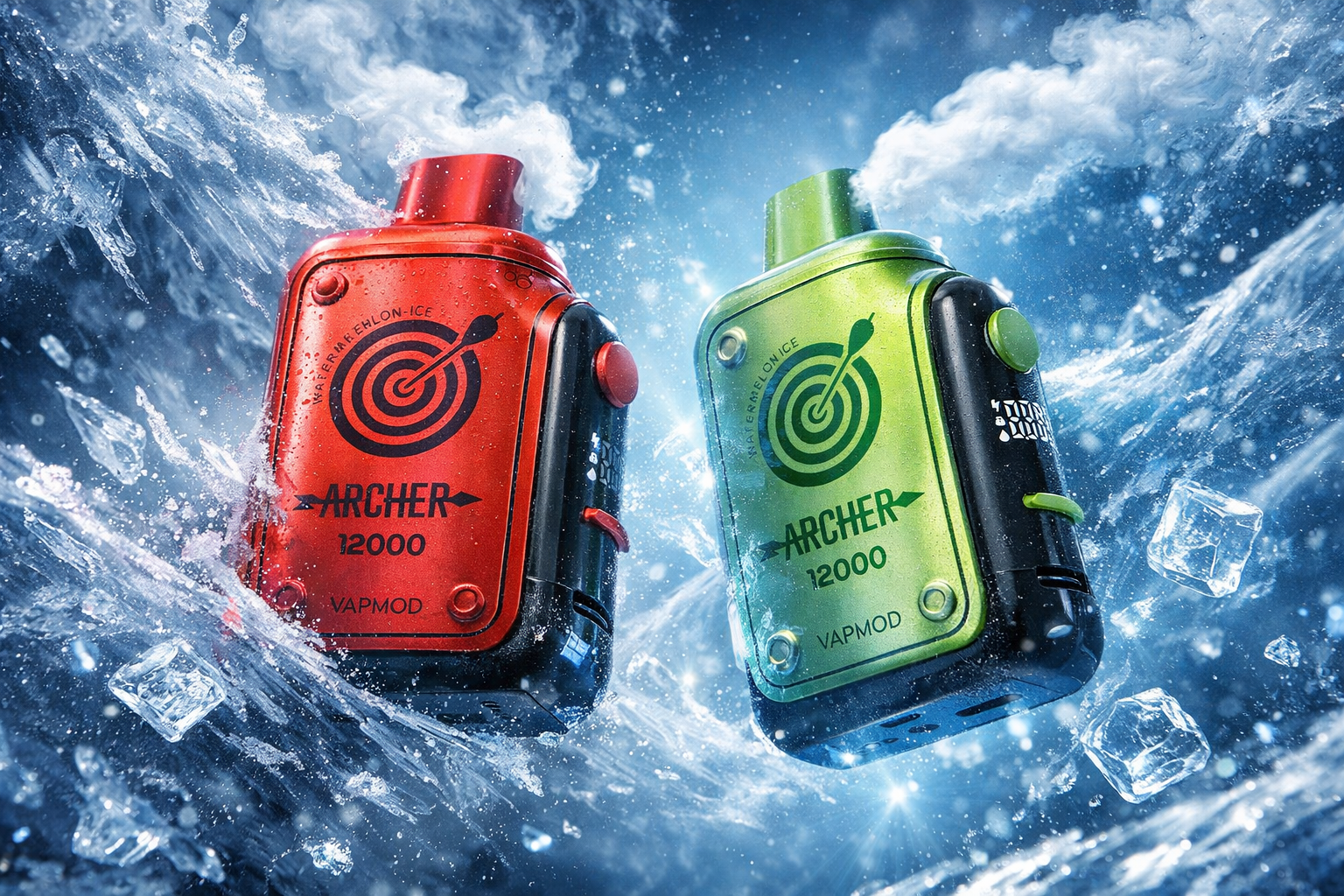 Two Vapmod Archer 12000 vape devices are shown side by side in a dramatic icy setting. The left device is metallic red labeled “Lafram Ehlon‑Ice,” while the right one is bright green with the same branding. Both emit vapor from the top, surrounded by splashing water and floating ice cubes that emphasize a cold, refreshing theme. The composition highlights sleek design, vibrant color contrast, and a sense of power and cool intensity.