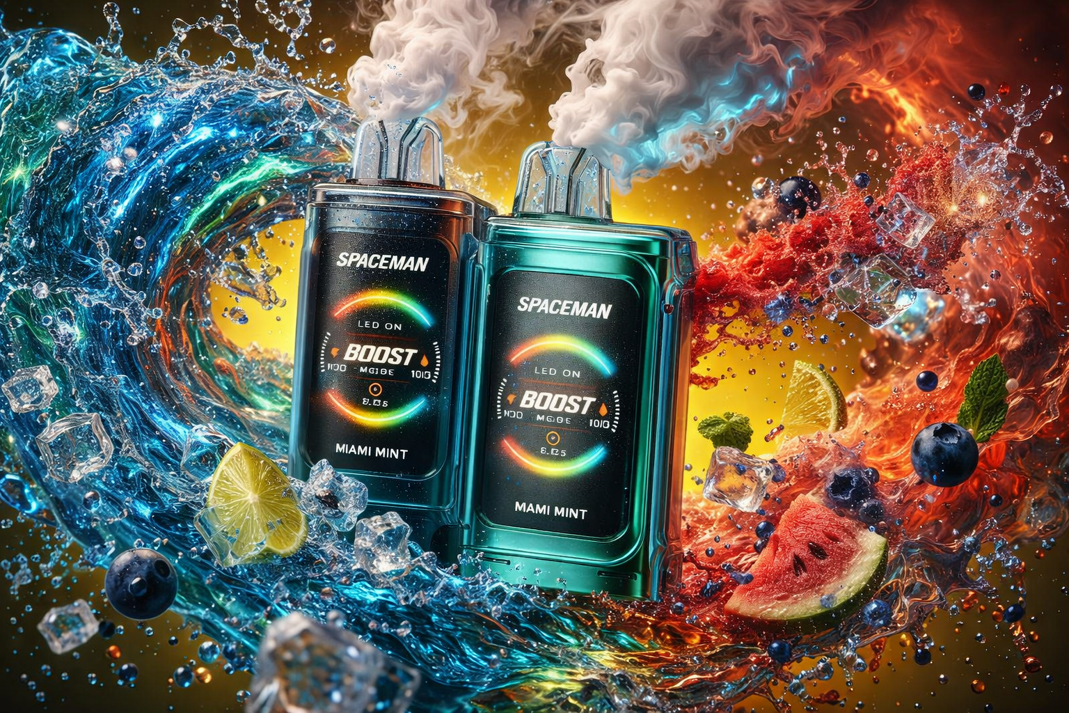 Two “Spaceman” vape devices stand side by side amid swirling waves of vapor, water, and fruit. Both devices glow in metallic tones labeled “Miami Mint,” featuring illuminated screens with “BOOST MODE” indicators and emitting thick clouds of vapor. Around them are ice cubes, lime slices, blueberries, mint leaves, and watermelon pieces, creating a dynamic sense of freshness and flavor. The composition contrasts cool blue and fiery red waves, symbolizing energy, intensity, and modern design through vibrant color and motion.