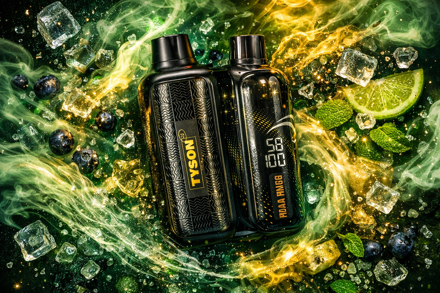 Two Tyson vape devices are displayed against a vivid green and gold backdrop filled with swirling vapor, ice cubes, blueberries, mint leaves, and a slice of lime. The left device features a bold yellow “Tyson” logo, while the right one shows a digital display reading “80” and the text “Podla Ringg.” The composition glows with dynamic light effects and sparkling particles, creating a sense of freshness and energy. The image emphasizes sleek design, luxury texture, and a cool, invigorating atmosphere.