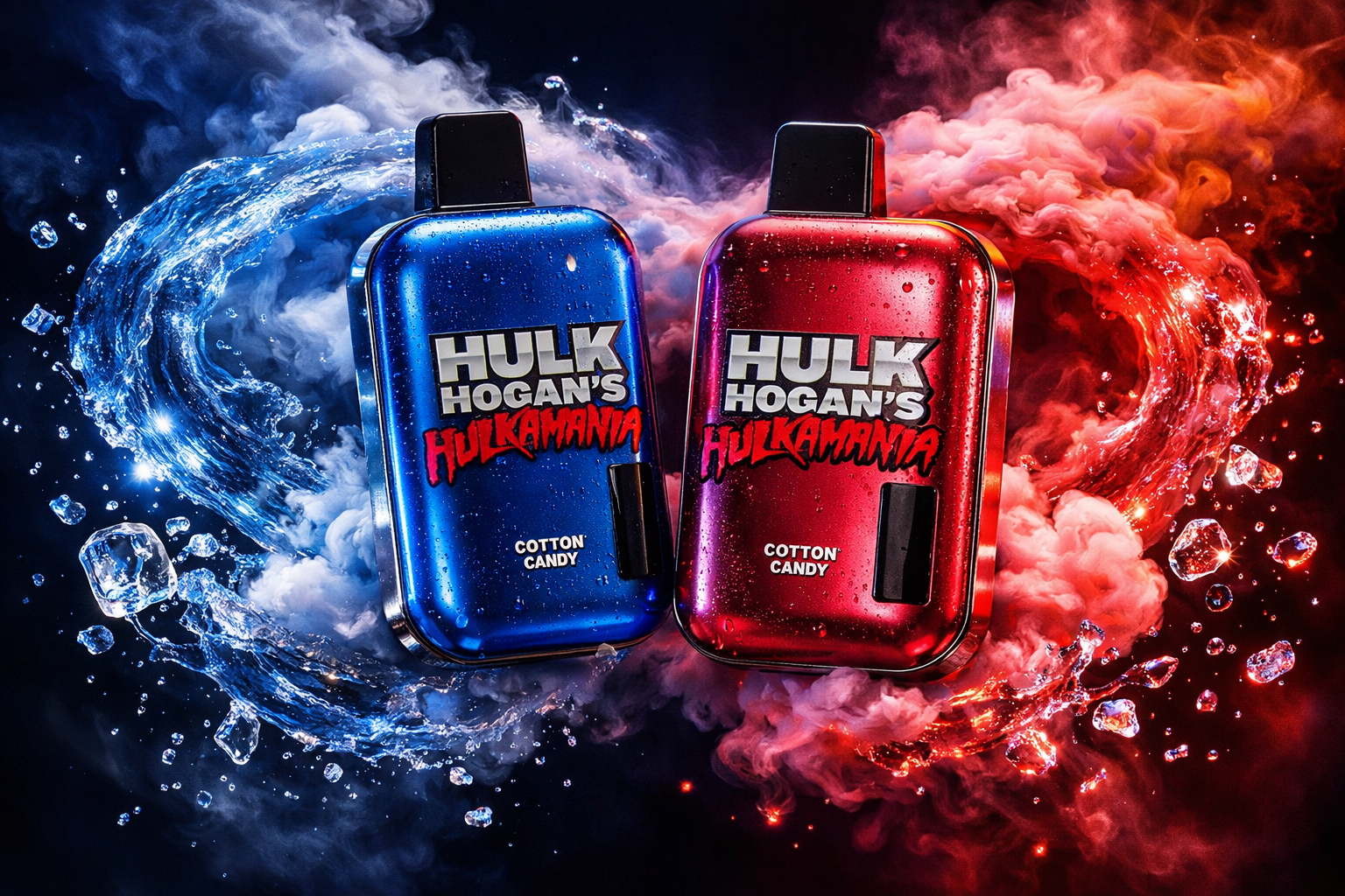 Two Hulk Hogan’s Hulkamania Cotton Candy vape devices are displayed side by side in a bold, high-contrast composition. The left device, in metallic blue, is surrounded by swirling blue water and ice, symbolizing cool intensity. The right device, in metallic red, is framed by fiery red vapor and glowing droplets, evoking warmth and energy. The dynamic clash of blue and red tones creates a powerful visual impact that highlights the product’s vibrant design and nostalgic branding.