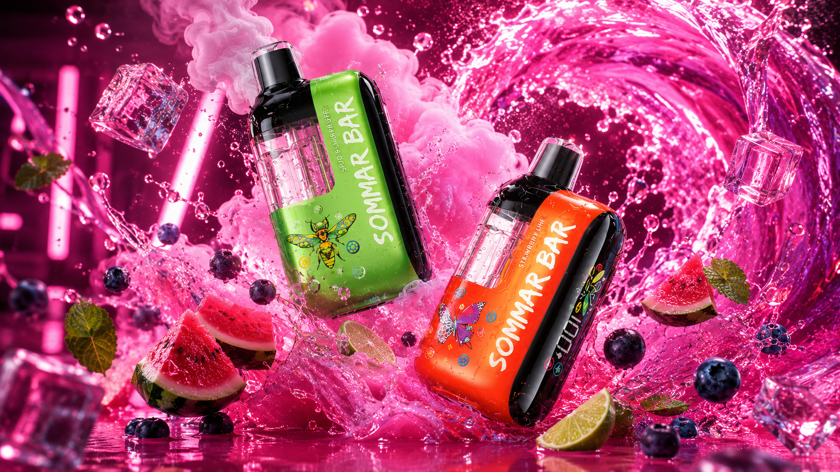 Two SOMMAR BAR vape devices are displayed in a vibrant, high-energy composition with a neon pink background. The left device, in bright green with a bee illustration, and the right device, in orange with a butterfly design, are surrounded by splashes of pink liquid, vapor, and glowing light. Around them float watermelon slices, lime wedges, blueberries, mint leaves, and ice cubes, creating a sense of freshness and flavor explosion. The dynamic motion and vivid color palette evoke summer energy, sweetness, and modern design appeal.