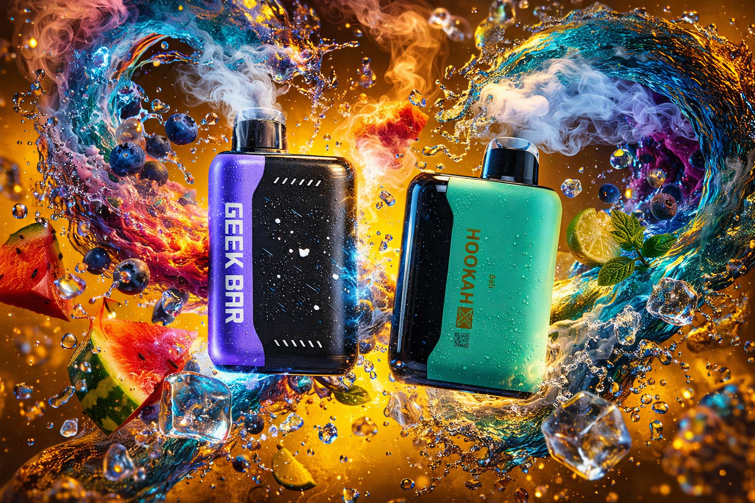 Two vape devices—a purple Geek Bar and a turquoise Hookah Bar—stand amid a vivid explosion of color, vapor, and splashing liquid. The background features swirling waves of blue and orange, with floating ice cubes, blueberries, watermelon slices, lime, and mint leaves. Both devices emit wisps of vapor, adding motion and energy to the composition. The scene evokes a dynamic contrast of fire and water, symbolizing intense flavor and freshness.