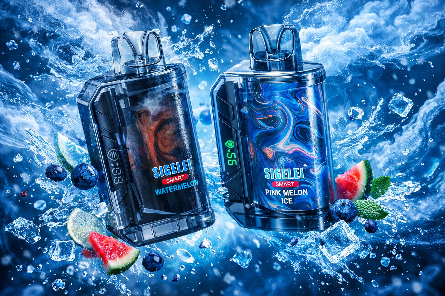 Two SIGELEI Smart vape devices are displayed in a dynamic splash of blue water, ice cubes, and fresh fruit. The left device, labeled “Watermelon,” features warm red and orange swirls, while the right one, “Pink Melon Ice,” shows cool blue and pink marbled patterns. Surrounding elements like watermelon slices, blueberries, lime, and mint leaves emphasize freshness and flavor intensity. The composition conveys a crisp, icy atmosphere with high contrast and vibrant energy.