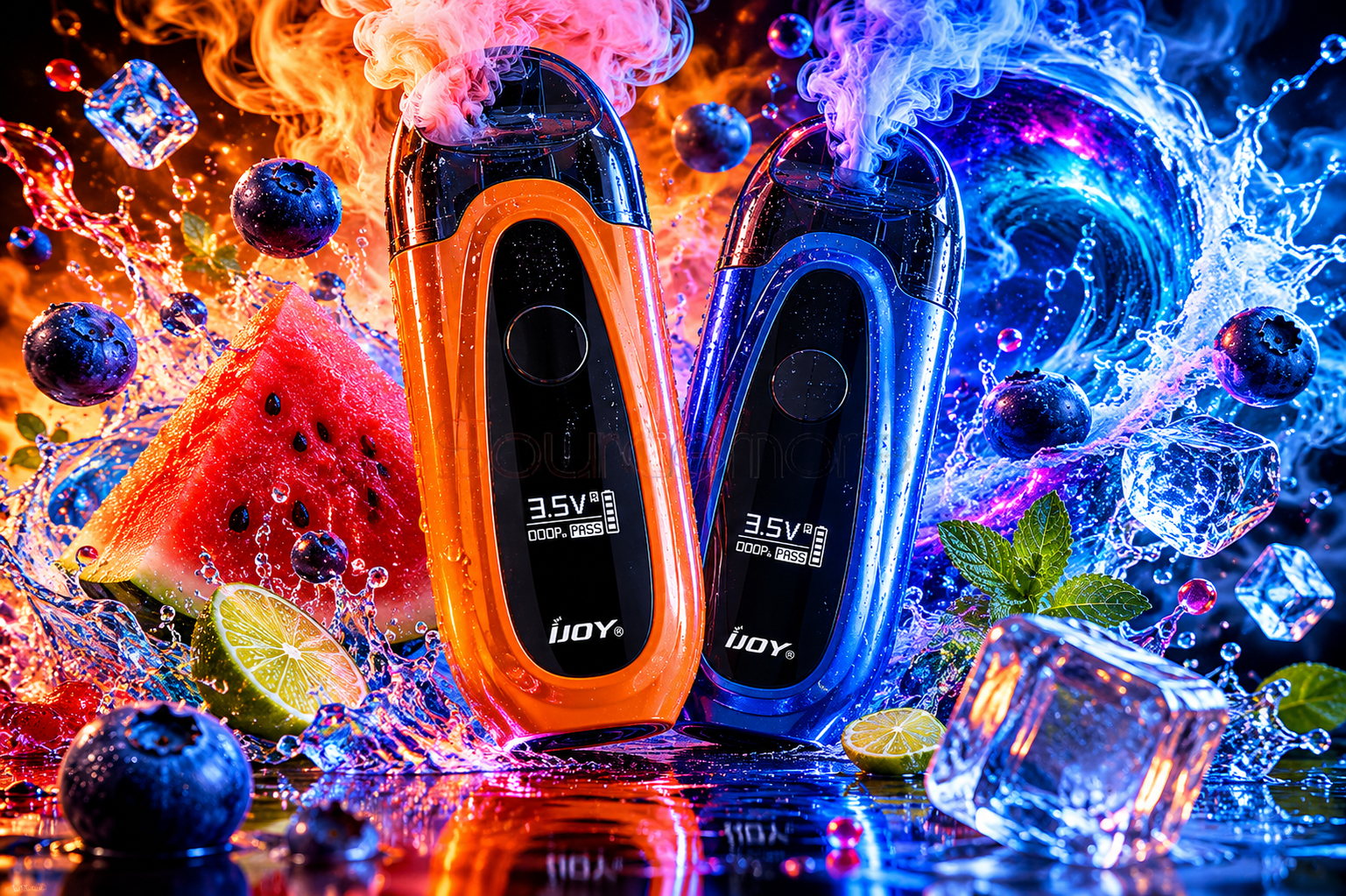 Two iJoy vape devices are displayed side by side in a vivid, high-energy composition. The left device, in bright orange, emits pink vapor and is surrounded by fiery red tones, watermelon slices, lime wedges, blueberries, and splashes of water. The right device, in deep blue, releases cool blue vapor amid swirling waves, ice cubes, mint leaves, and droplets, evoking a refreshing sensation. The contrasting warm and cool colors create a dynamic visual balance that highlights flavor intensity and sleek modern design.