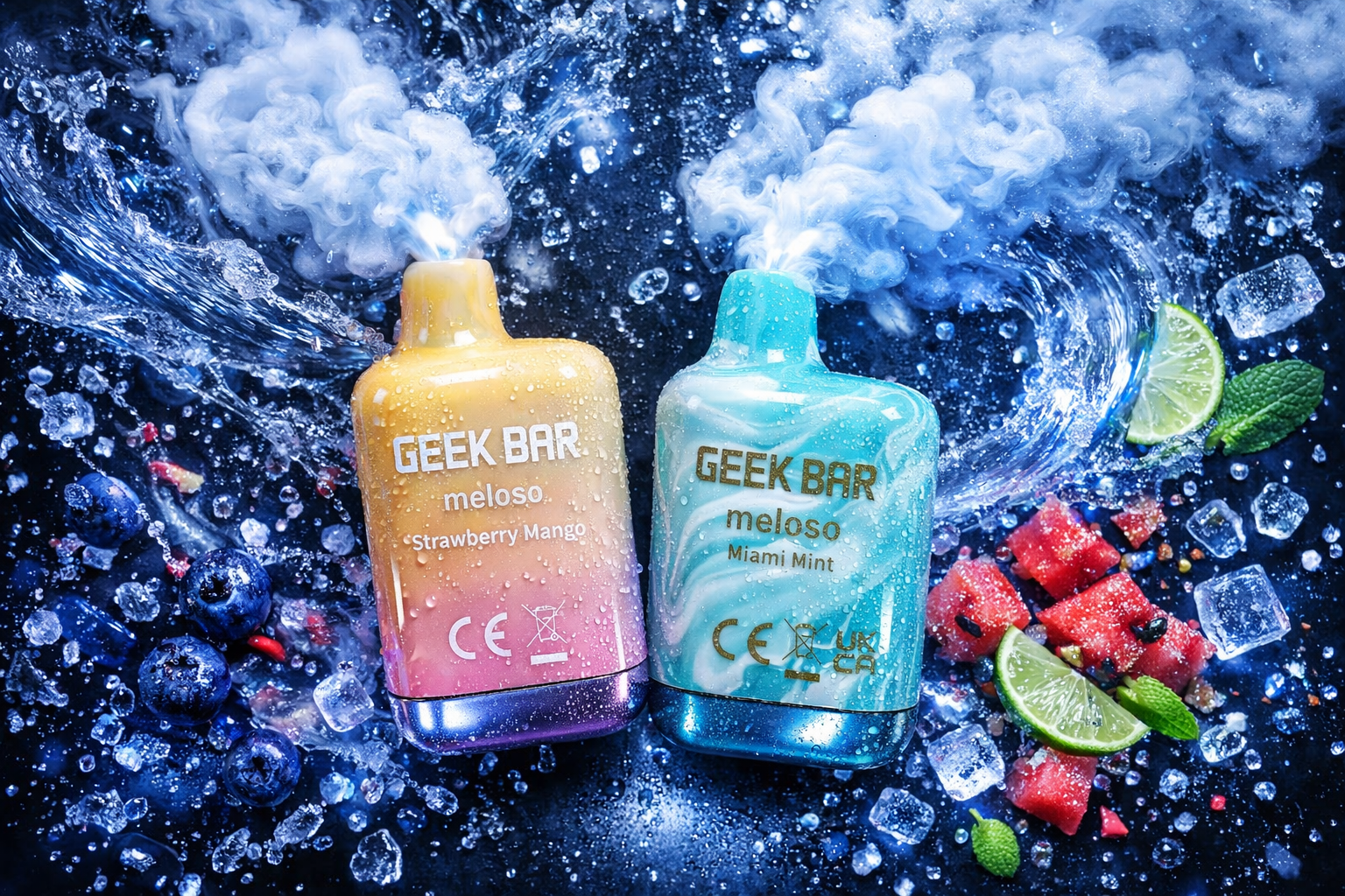 Two “Geek Bar Meloso” vape devices stand side by side amid splashes of water, ice, and fruit. The left device, labeled “Strawberry Mango,” glows in warm orange and pink tones, while the right “Miami Mint” device shines in cool turquoise hues. Around them are blueberries, watermelon cubes, lime slices, mint leaves, and scattered ice cubes, creating a sense of freshness and motion. The composition emphasizes vibrant color contrast, energy, and flavor through dynamic lighting and swirling water effects.