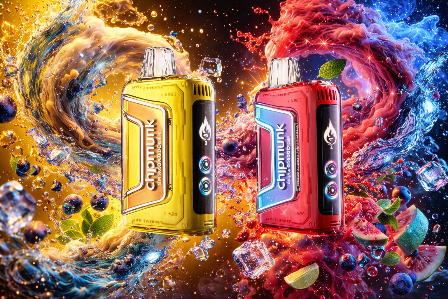 Two futuristic vape devices labeled “chipmunk” stand side by side against a vibrant, swirling background of color and motion. The yellow device glows amid golden waves, blueberries, mint leaves, and ice, while the red one shines within cool blue and crimson swirls accented by fruit slices and sparkles. Both feature metallic details, illuminated rings, and a flame logo, emphasizing a high‑tech, premium design. The composition conveys energy, flavor, and contrast between warm and cool sensations.