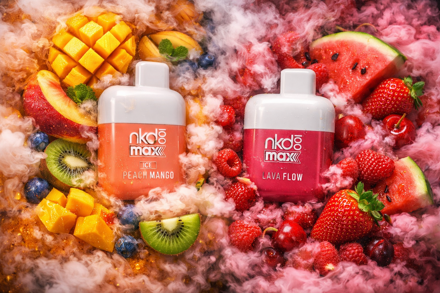Two vape devices labeled “nkd 100 maxx” lie side by side amid a vibrant arrangement of fruits and swirling vapor. The left device, in peach‑orange color, reads “ICE PEACH MANGO” and is surrounded by diced mango, peach slices, kiwi, blueberries, and mint leaves. The right device, in red, reads “LAVA FLOW” and is surrounded by strawberries, raspberries, cherries, and watermelon slices. The composition contrasts warm tropical tones with cool berry hues, evoking freshness, flavor intensity, and dynamic energy.