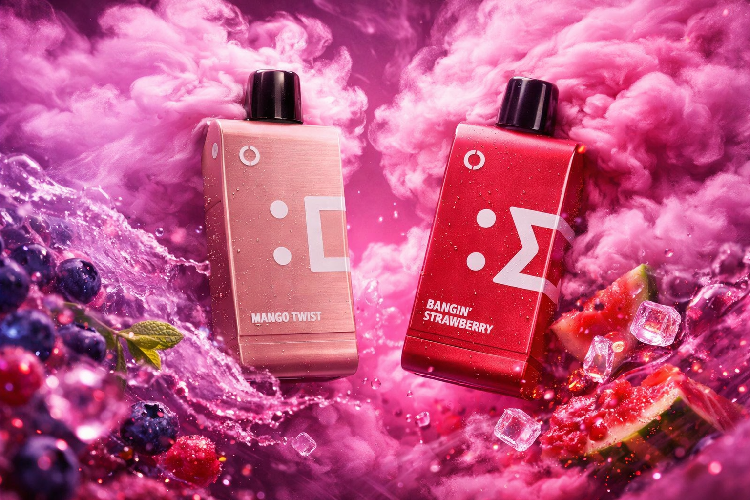 Two disposable vape devices displayed side by side against a dramatic magenta-pink background filled with billowing smoke clouds and water splashes. The left device features a rose gold metallic finish labeled 'Mango Twist,' while the right device has a bold red finish labeled 'Bangin' Strawberry,' both decorated with a geometric logo design and water droplets. Fresh fruits are scattered throughout the scene, including blueberries, raspberries, watermelon chunks, and mint leaves, visually complementing each flavor. Ice cubes and dynamic water splashes add a refreshing, high-energy feel to the overall composition