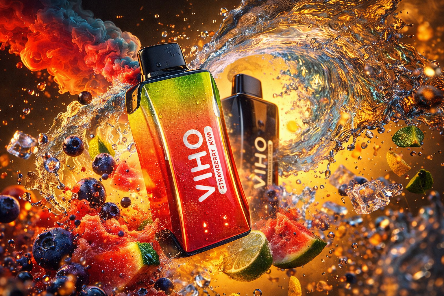 Two VIHO vape devices are displayed amid a vivid splash of liquid, fruit, and vapor. The foreground device features a gradient from green to red labeled “Strawberry Kiwi,” while the second, darker device stands behind it with the same branding. Around them swirl dynamic waves of water and mist, mixed with watermelon slices, lime wedges, blueberries, and ice cubes, creating a sense of freshness and flavor. The composition glows with warm golden light and energetic motion, emphasizing a bold, modern aesthetic.