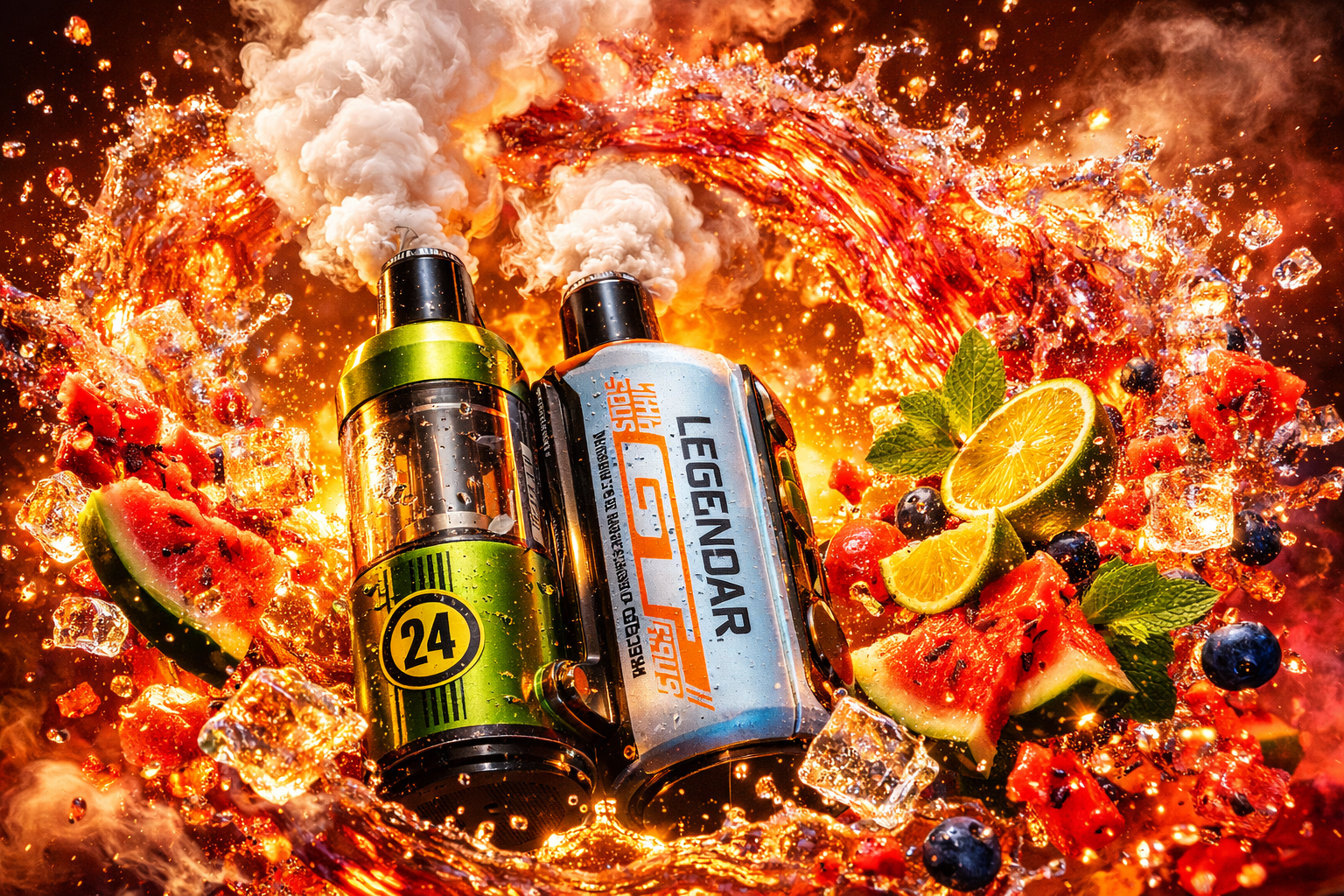 Two metallic vape devices stand side by side amid a fiery explosion of color and motion. The green device labeled “24” and the blue one marked “LEGENDAR GT” emit thick clouds of vapor, surrounded by splashes of orange liquid and glowing light. Around them, watermelon slices, lime halves, blueberries, mint leaves, and ice cubes create a vibrant sense of freshness and flavor. The composition feels dynamic, luxurious, and full of energy, blending heat and coolness in a striking visual contrast.