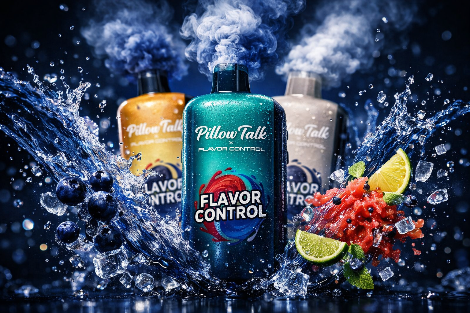 Three Pillow Talk x Flavor Control disposable vape devices photographed in a sleek, cool-toned product shot dominated by deep navy blue tones and dramatic water splash effects. The center device features a sparkling teal finish with the bold 