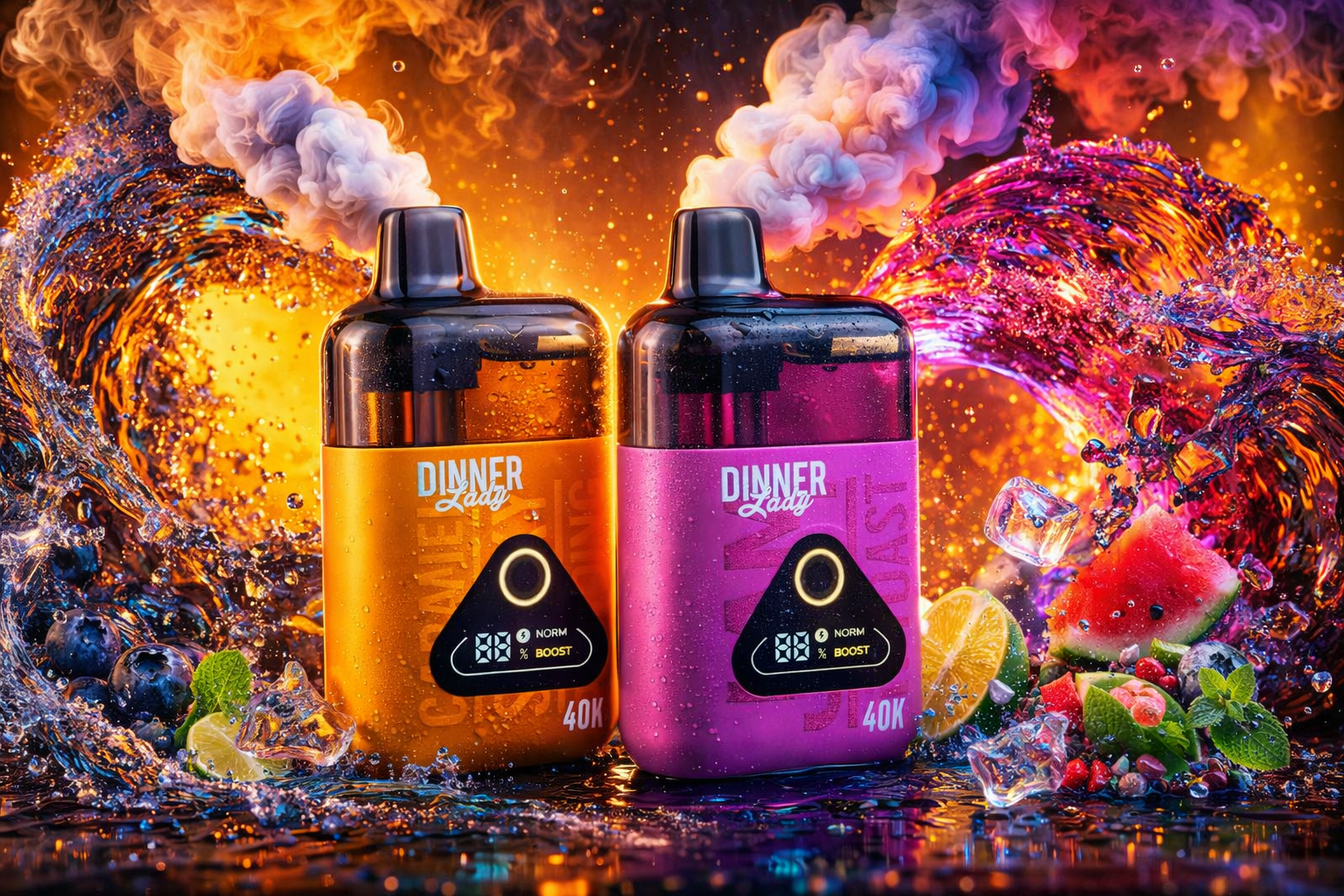 Two “Dinner Lady” vape devices stand side by side amid swirling waves of vapor, water, and fruit. The orange device on the left and the magenta one on the right both emit thick clouds of smoke against a fiery backdrop of orange and purple light. Around them are ice cubes, blueberries, lime slices, mint leaves, and watermelon pieces, creating a dynamic sense of freshness and flavor. The composition emphasizes energy, luxury, and modern design through vibrant color contrast and fluid motion.