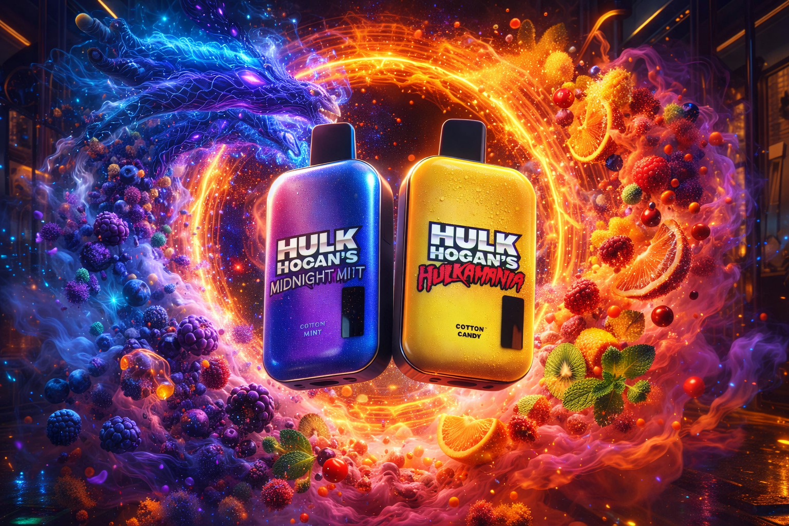 Two vape devices labeled “HULK HOGAN’S MIDNIGHT MITT” and “HULK HOGAN’S HULKAMANIA” stand side by side amid a vivid fantasy scene of swirling light and fruit explosions. The left device, in metallic blue and purple, is surrounded by cool blue vapor forming a dragon‑like shape with blackberries, blueberries, and mint leaves, symbolizing icy freshness. The right device, in bright yellow, is enveloped by fiery orange smoke and fruits like oranges, raspberries, and kiwi, representing warm sweetness. The composition contrasts cold and heat, creating a dynamic, high‑energy visual that evokes flavor intensity and power.