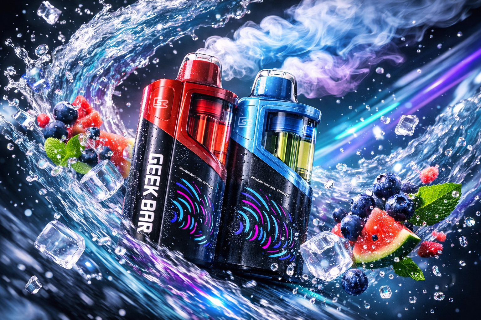 A sleek product advertisement for two Geek Bar vape pod devices — one in red and black, the other in blue and black — both featuring colorful wave graphics on their bodies and visible liquid tanks. The devices are set against a deep dark background with a cosmic, aurora-like streak of purple and teal light sweeping dramatically across the scene. Dynamic water splashes, floating ice cubes, blueberries, watermelon chunks, strawberries, and fresh mint leaves surround the products, emphasizing a cool, fruity aesthetic. The overall dark and futuristic atmosphere gives the image a premium, high-tech feel compared to other entries in the Geek Bar lineup.