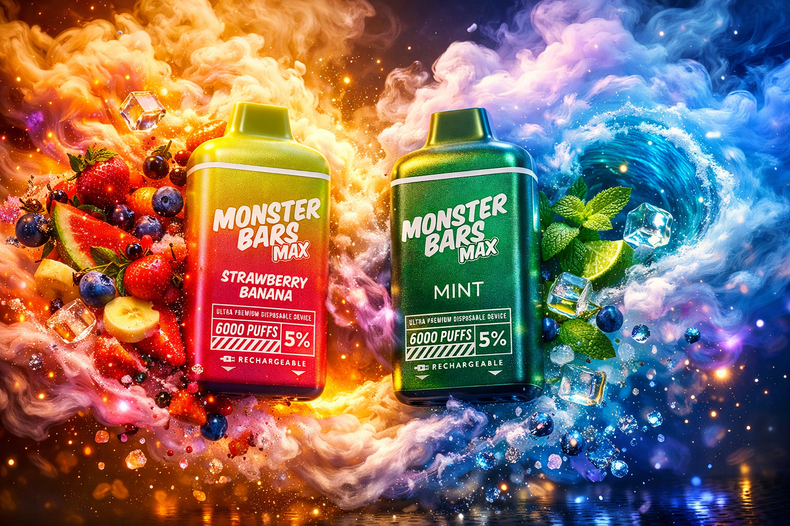 Two Monster Bars Max vape devices are displayed side by side in a vivid, high-energy composition. The left device, in red and yellow labeled Strawberry Banana, is surrounded by strawberries, bananas, blueberries, watermelon slices, and fiery orange vapor, evoking fruity sweetness and warmth. The right device, in metallic green labeled Mint, is framed by mint leaves, lime wedges, blueberries, ice cubes, and cool blue vapor, symbolizing freshness and chill. The dynamic contrast of warm and cool tones highlights flavor intensity and modern design.