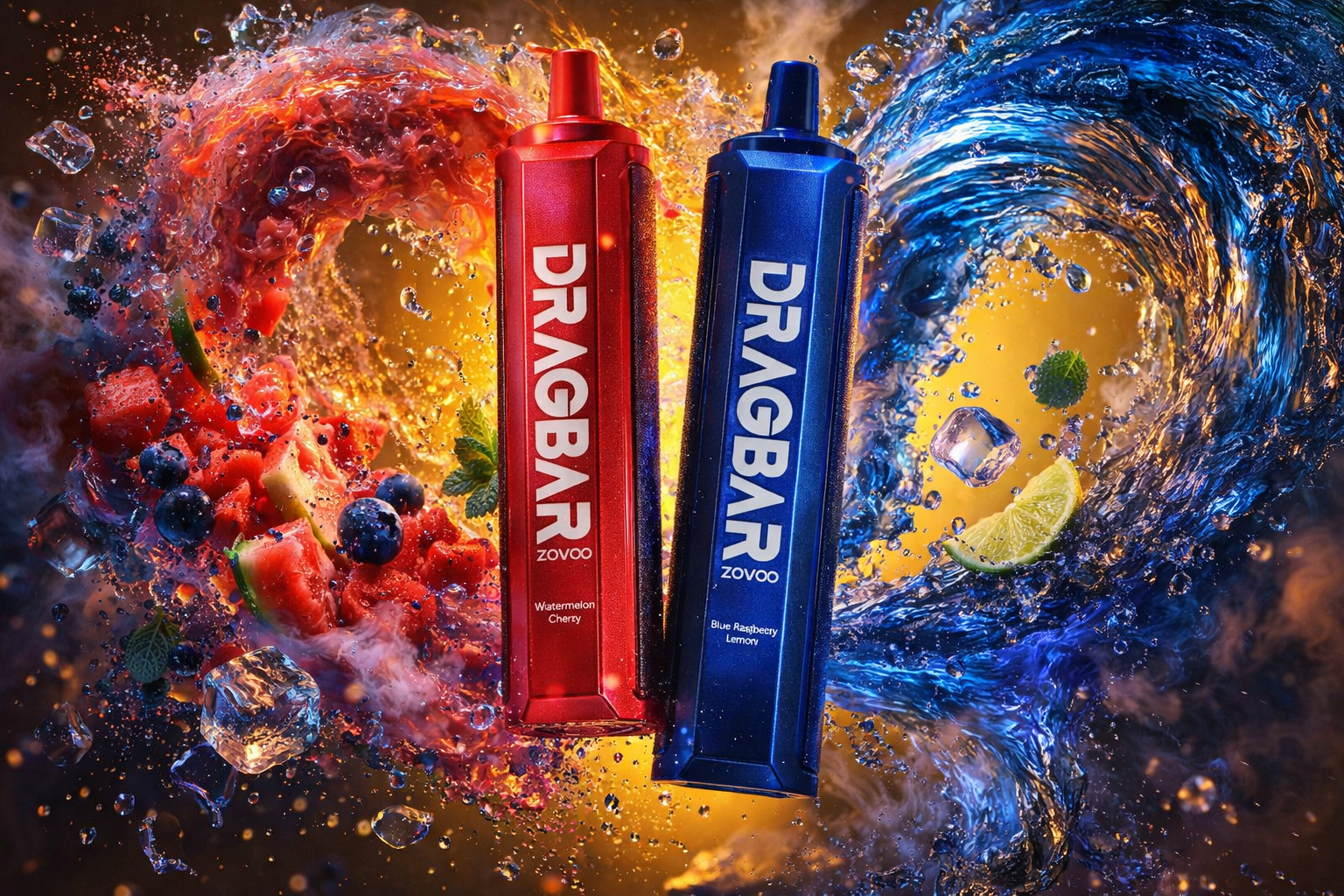 Two DRAGBAR vape devices stand vertically against a dynamic background of swirling red and blue liquid waves. The red device, labeled “Watermelon Cherry,” is surrounded by splashes of red juice, watermelon pieces, blueberries, mint leaves, and ice cubes. The blue device, labeled “Blue Raspberry Lemon,” is framed by cool blue waves with lime slices, mint, and ice, evoking a refreshing sensation. The composition contrasts fiery warmth and icy coolness, highlighting flavor intensity and sleek design.