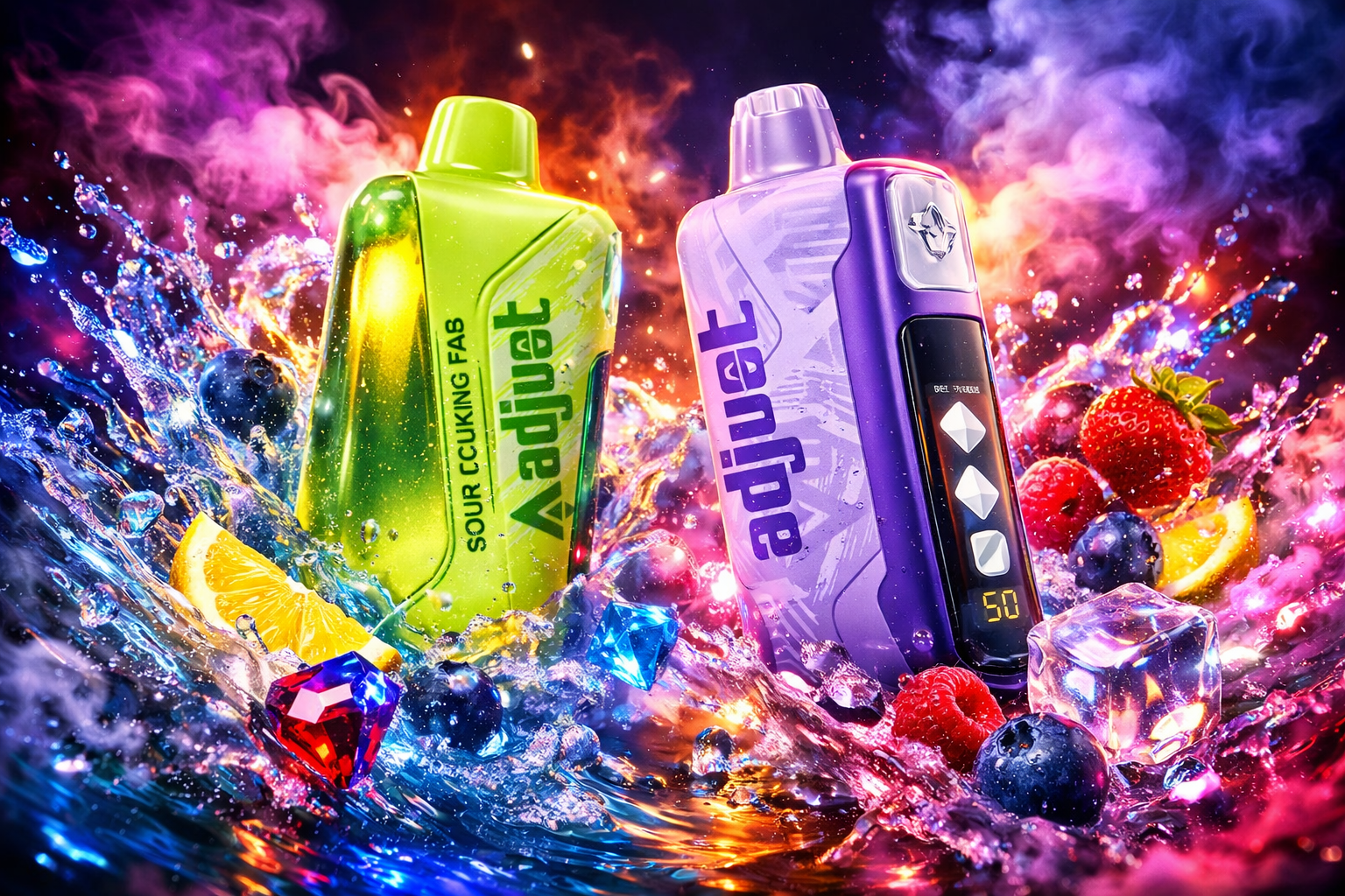 The image shows two brightly colored vape devices surrounded by splashing water, fruit, and glowing light effects. The neon green device appears with berries, lemon slices, ice cubes, and gem‑like crystals, creating a cool, energetic atmosphere. The purple device features similar glowing patterns and is set among vibrant fruit and mist. The overall composition highlights bold flavors, vivid colors, and a dynamic, high‑energy aesthetic.