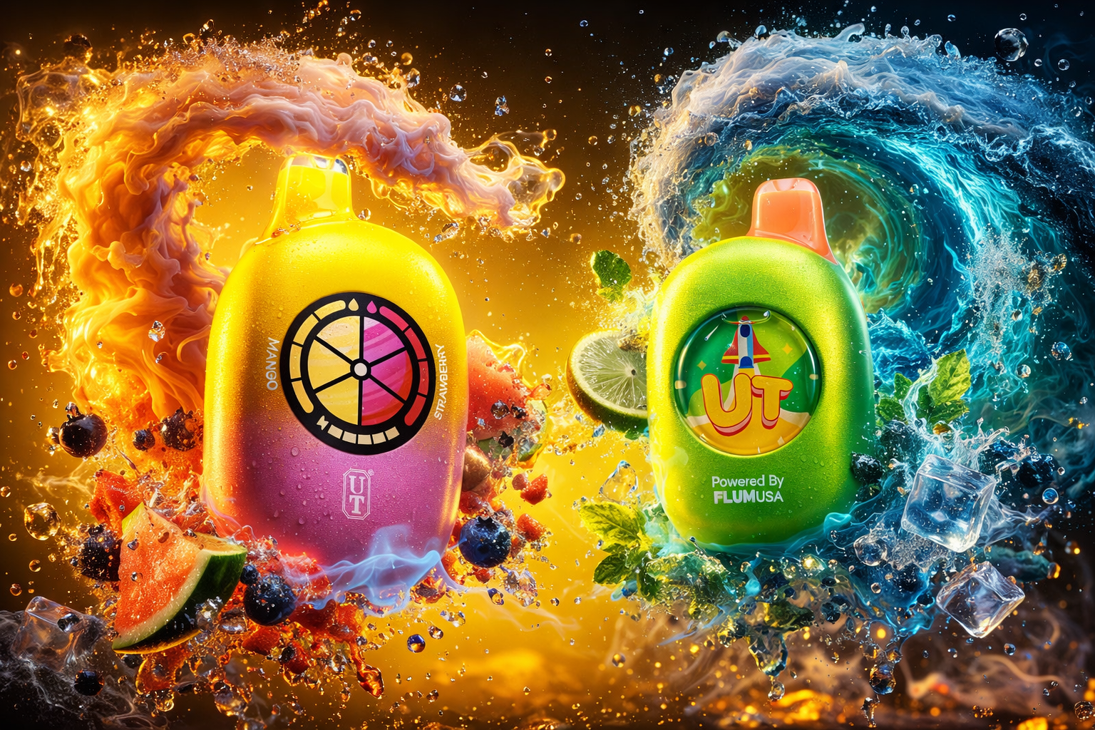 Two vibrant vape devices labeled “UT” stand side by side against a dynamic background of swirling orange and blue liquid waves. The left device features a gradient from yellow to pink with a circular fruit‑slice design and the words “Mango” and “Strawberry.” The right device is green with an orange cap, showing a rocket logo and the text “Powered by FLUMUSA.” Surrounding them are splashes of fruit, mint leaves, lime slices, and ice cubes, creating a vivid contrast between warm and cool tones that evokes freshness and energy.