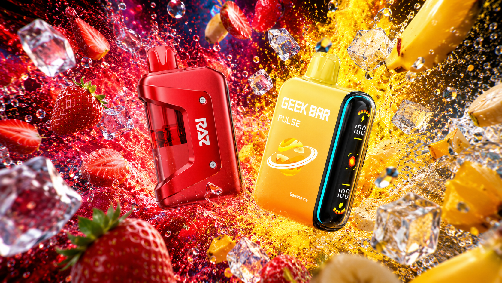 Two brightly colored vape devices stand amid splashes of fruit and ice. The red device labeled “RAZ” contrasts with the yellow device labeled “GEEK BAR PULSE,” which features a planet illustration and the flavor “Banana Ice.” Surrounding strawberries, banana slices, and ice cubes burst through dynamic red and yellow liquid effects, creating a vibrant composition full of freshness and energy.