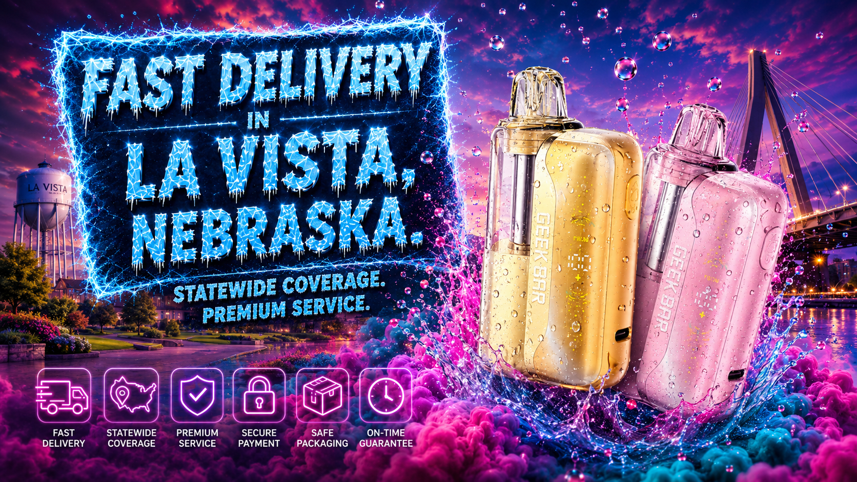 Two colorful GEEK BAR vape devices in gold and pink are displayed in a vibrant promotional scene. Surrounded by splashes of liquid and bubbles, they stand out against La Vista landmarks like the bridge and water tower under a vivid purple‑pink sky. The dynamic composition highlights bold design, freshness, and fast statewide delivery service in Nebraska.