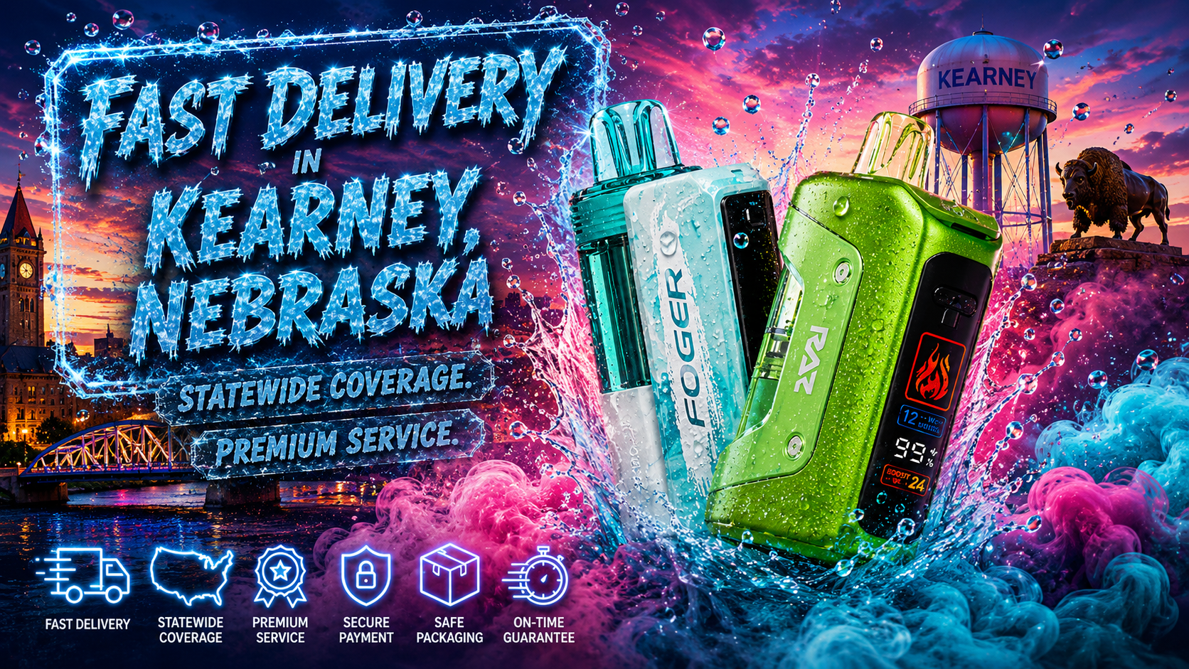 Two colorful vape devices labeled “RAZ” and “FOGER” are displayed with splashes of water and vibrant smoke effects. The background features landmarks of Kearney, Nebraska, including a water tower, buffalo statue, and bridge at sunset. Bold text highlights fast delivery, statewide coverage, and premium service.