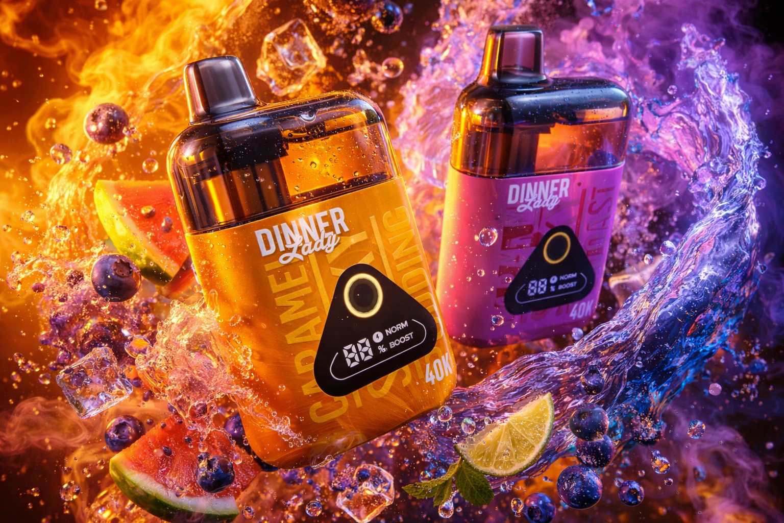 Two Dinner Lady vape devices appear in a vibrant, high‑energy composition surrounded by splashes of liquid, fruit, and ice. The orange “Caramel” and pink “Fruit” models gleam under fiery orange and cool purple lighting, symbolizing contrasting flavor sensations. Blueberries, watermelon slices, lime wedges, and mint leaves swirl dynamically around the devices, enhancing the sense of freshness and motion. The image conveys a luxurious, cinematic aesthetic that highlights the sleek design and bold flavor identity of the products.