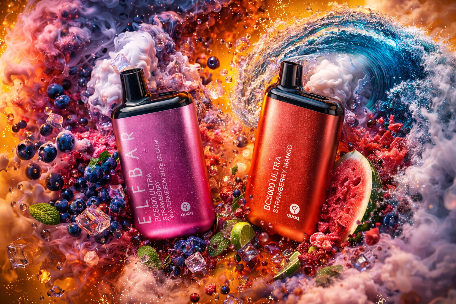 Two Elfbar BC5000 Ultra vape devices are displayed amid a vivid swirl of vapor, fruit, and ice. The pink “Strawberry Watermelon Bubble Gum” and red “Strawberry Mango” models gleam under dynamic lighting, surrounded by blueberries, watermelon slices, lime wedges, and mint leaves. The composition bursts with energy, blending fiery orange and cool blue tones to evoke flavor intensity and freshness. The sleek metallic design and colorful backdrop create a luxurious, high‑impact visual aesthetic.