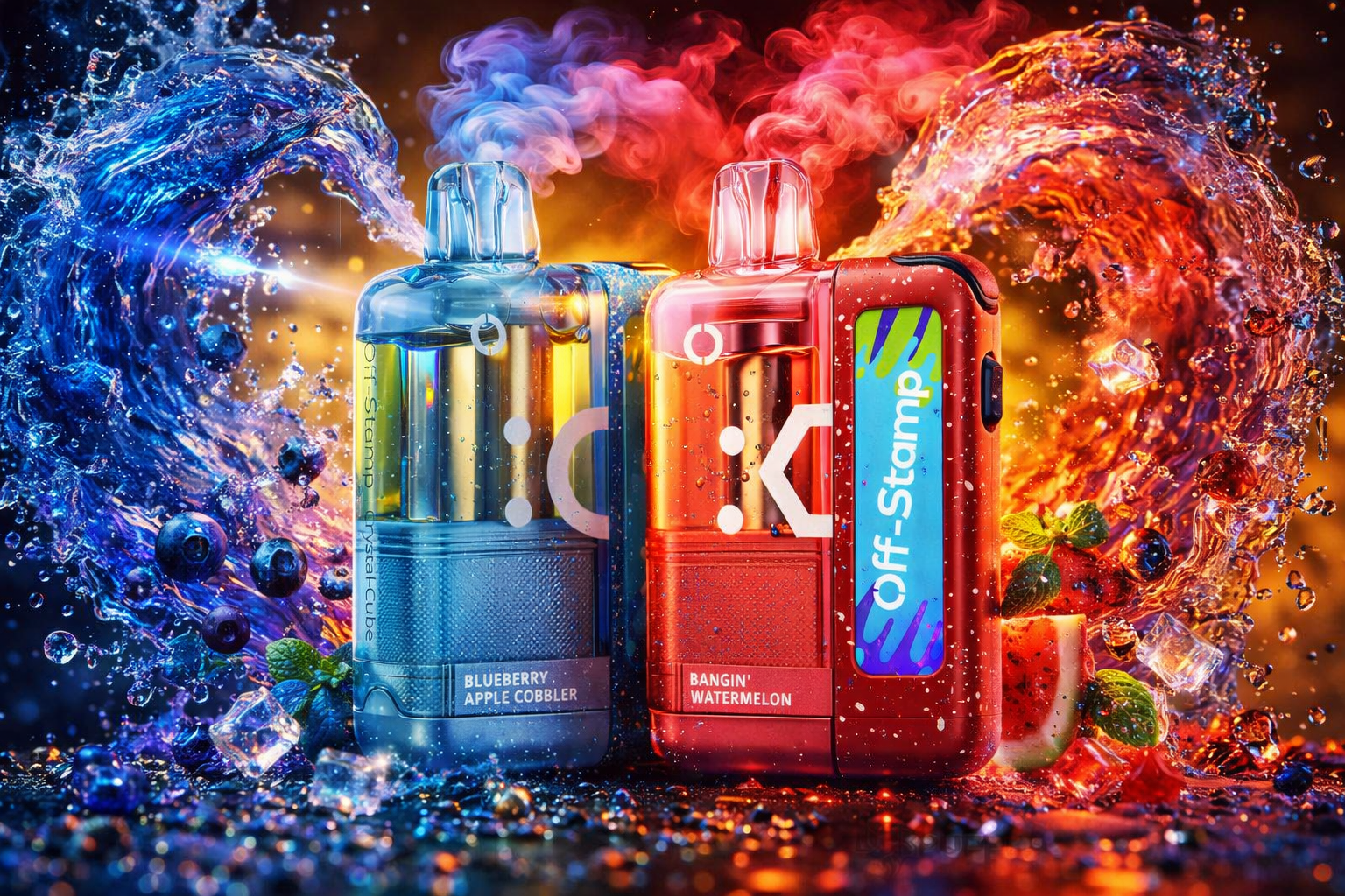 Two “Off-Stamp” vape devices stand side by side amid swirling waves of vapor, water, and fruit. The left device glows in cool blue tones labeled “Blueberry Apple Cobbler,” surrounded by blueberries, mint leaves, and ice cubes, while the right one shines in warm red hues labeled “Bangin’ Watermelon,” with watermelon slices, strawberries, and mint around it. Both emit colorful clouds of vapor against a dynamic background of blue and orange liquid waves. The composition emphasizes freshness, flavor, and modern design through vibrant color contrast and motion.