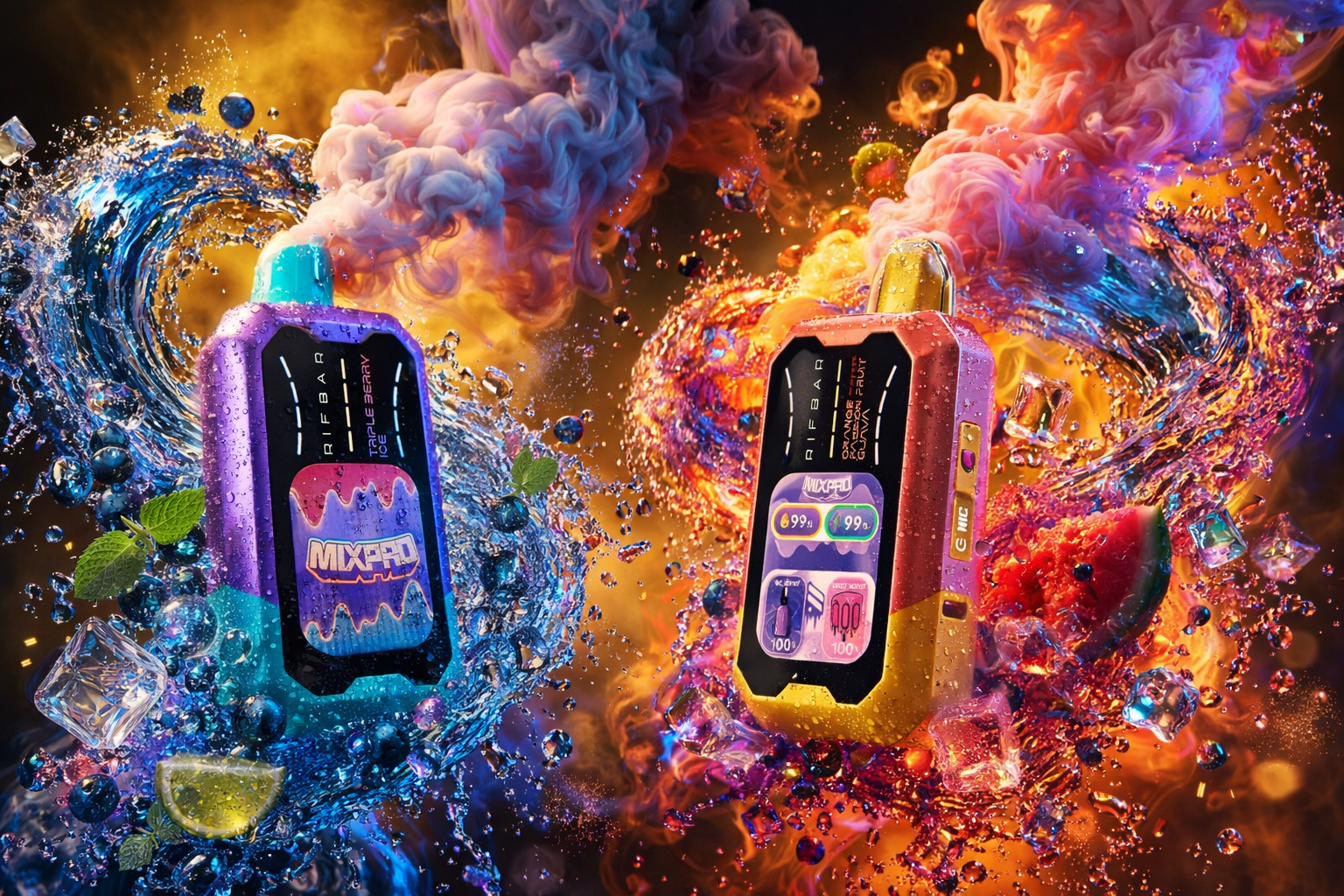 Two “AirBar MixPro” vape devices stand side by side amid swirling waves of vapor, liquid, and fruit. The left device glows in turquoise and purple tones labeled “Ice Triple Berry,” surrounded by blueberries, mint leaves, lime slices, and ice cubes, while the right one shines in pink and orange hues labeled “Orange Guava Cucumber Fruit,” with watermelon pieces and fiery splashes. Both emit thick clouds of colorful vapor against a dramatic background of blue and orange light. The composition emphasizes freshness, flavor, and energy through vibrant color contrast and dynamic motion.