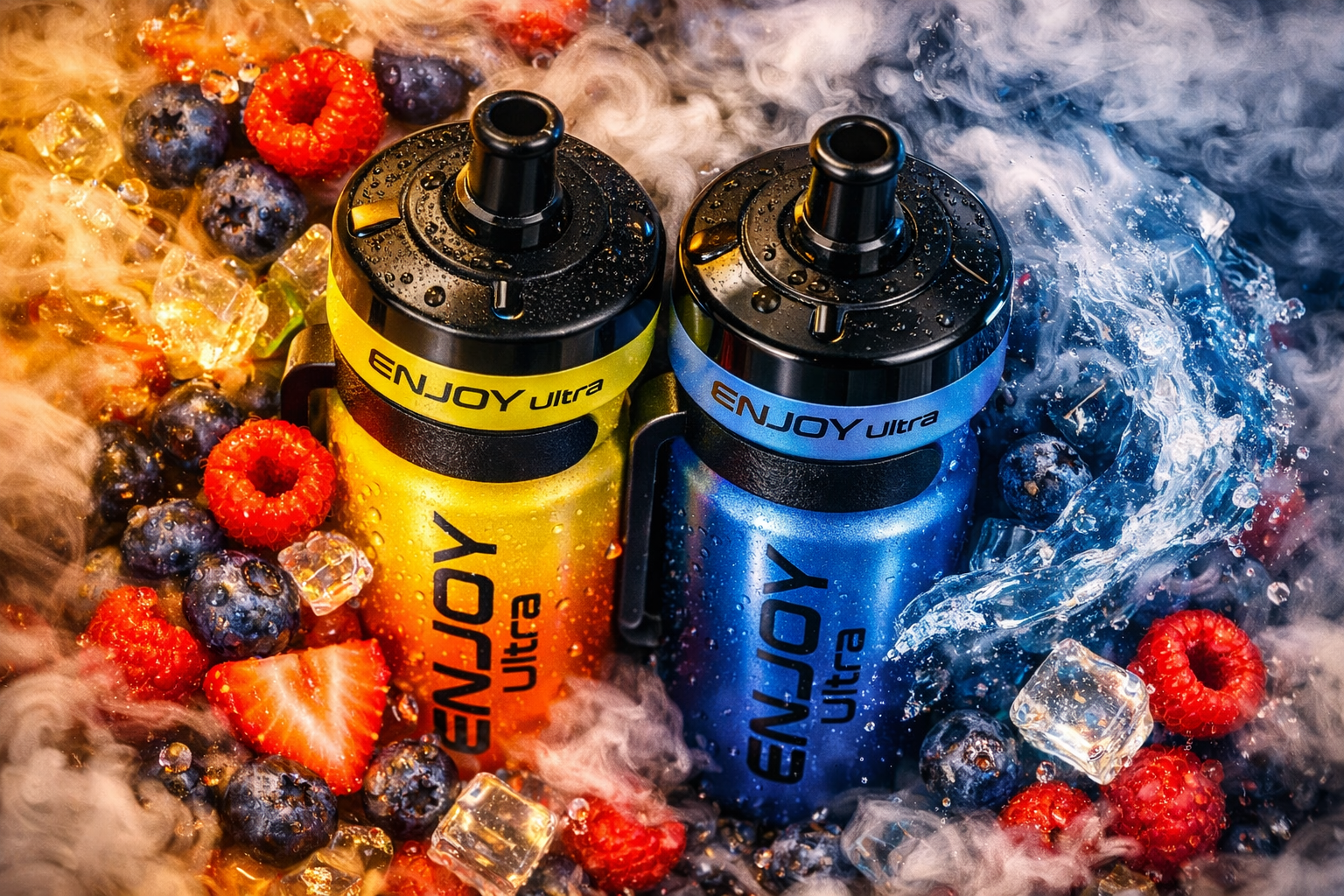 Two metallic bottles labeled “ENJOY Ultra” stand side by side amid a vibrant mix of fruits, ice cubes, and swirling vapor. The left bottle, in bright yellow, contrasts with the right one in metallic blue, both covered in water droplets that emphasize freshness. Surrounding them are strawberries, raspberries, and blueberries glistening under warm and cool lighting, with mist adding a dynamic, energetic feel. The composition highlights vivid color contrast and a sense of cold refreshment and vitality.