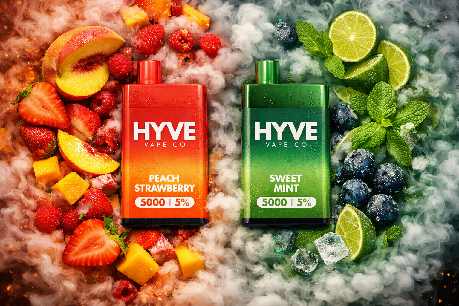 Two vape devices labeled “HYVE VAPE CO” lie side by side amid colorful fruits and swirling vapor. The left device, in bright orange-red, reads “PEACH STRAWBERRY 5000 | 5%” and is surrounded by peaches, strawberries, raspberries, and mango cubes against warm mist. The right device, in metallic green, reads “SWEET MINT 5000 | 5%” and is surrounded by lime slices, blueberries, mint leaves, and ice cubes amid cool vapor. The composition contrasts fiery fruit tones with refreshing mint hues, symbolizing flavor intensity and freshness.