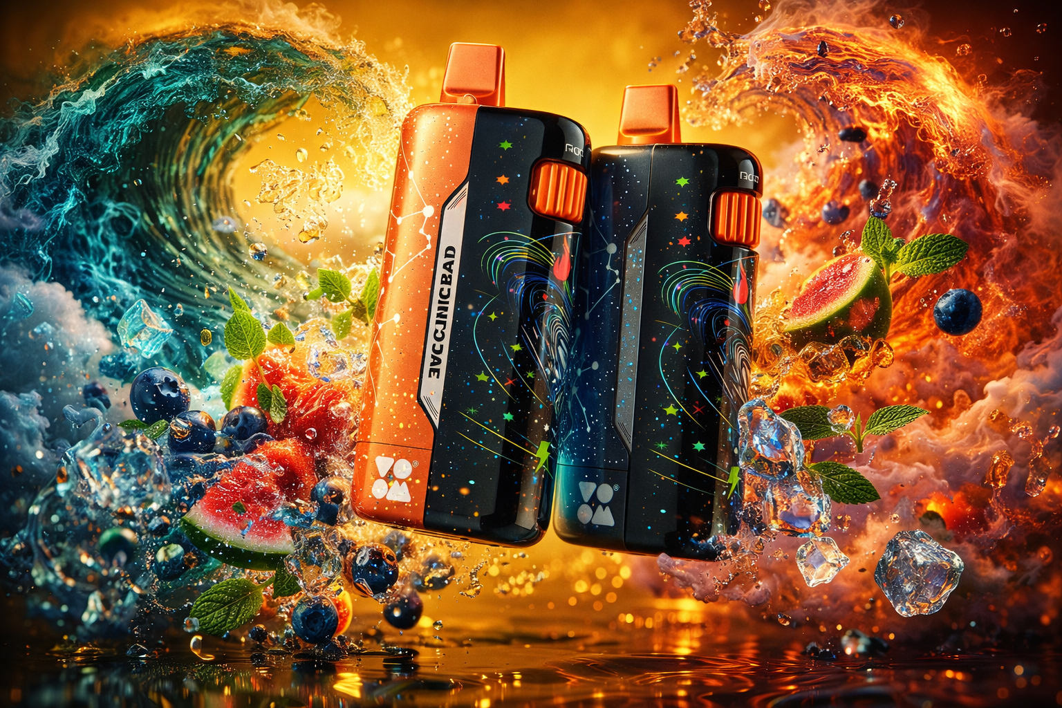 Two colorful vape devices stand side by side in a vivid composition of swirling fire and water. The left device, in bright orange, is surrounded by fiery waves, watermelon slices, blueberries, mint leaves, and ice cubes, symbolizing warmth and intensity. The right device, in dark blue with star patterns, is enveloped by cool blue waves and similar fruit elements, evoking freshness and cosmic energy. The dynamic contrast between the two creates a visually striking scene full of motion, flavor, and vibrant color.