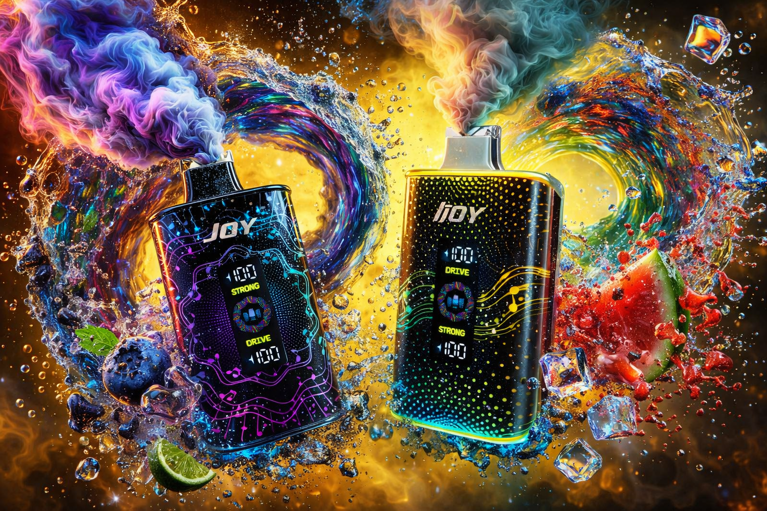 Two iJOY branded disposable vape devices displayed in a vivid, galaxy-inspired product shot bursting with colorful smoke clouds, swirling water splashes, and glowing light effects. Both devices feature a sleek black body with intricate circuit-board style patterning and digital displays showing 