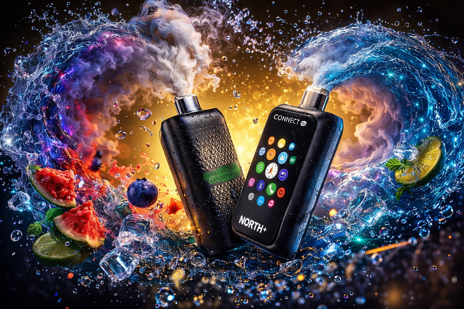 Two North+ Connect disposable vape devices displayed in a stunning product shot, with the left device showing a textured matte black body with a precision coil label, and the right featuring a unique smartphone-inspired touchscreen interface displaying colorful app-style icons under the 