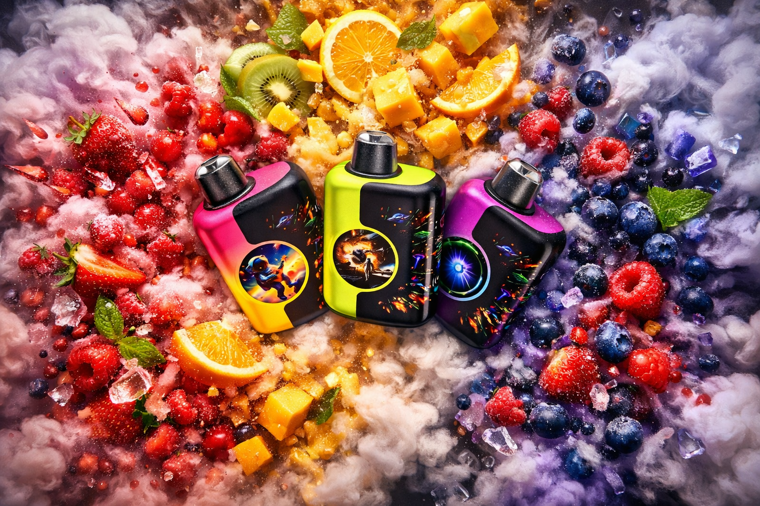 Three colorful vape devices lie side by side on a vibrant background filled with assorted fruits and swirling vapor. The left device, in pink, features an astronaut illustration; the middle one, in neon yellow, shows a fiery cosmic figure; and the right one, in purple, displays a glowing blue energy burst. Around them are strawberries, raspberries, blueberries, orange slices, kiwi, mango cubes, mint leaves, and ice, creating a dynamic explosion of color and freshness. The composition blends futuristic design with natural fruit imagery, symbolizing bold flavor and energy.