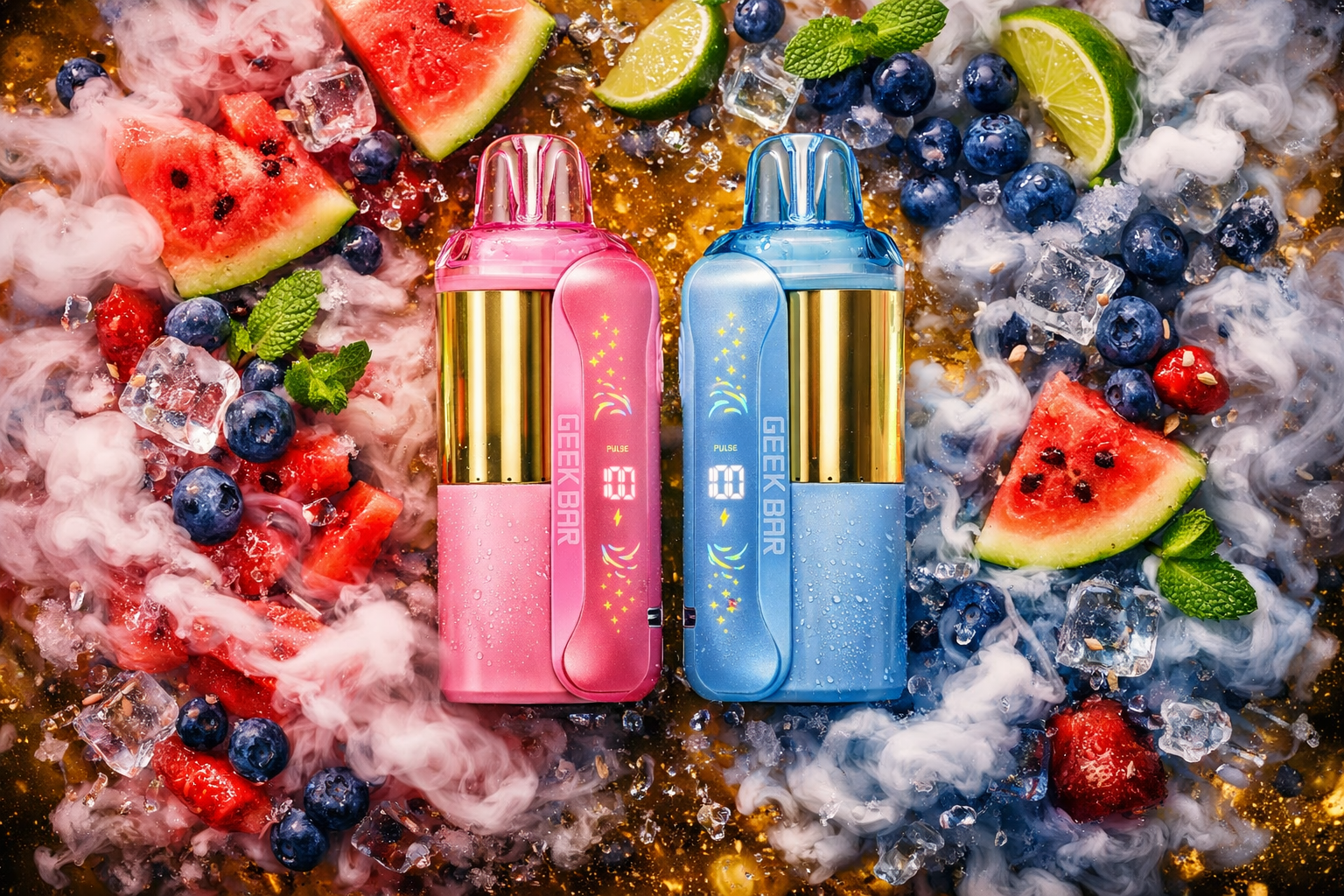 Two Geek Bar Pulse vape devices—one pink and one blue—are placed side by side on a vibrant surface surrounded by fruit, ice cubes, and swirling vapor. Watermelon slices, blueberries, strawberries, raspberries, lime wedges, and mint leaves create a colorful, fresh backdrop. Both devices feature gold accents and illuminated digital displays that glow softly through the mist. The composition evokes a sense of coolness, flavor, and modern luxury.
