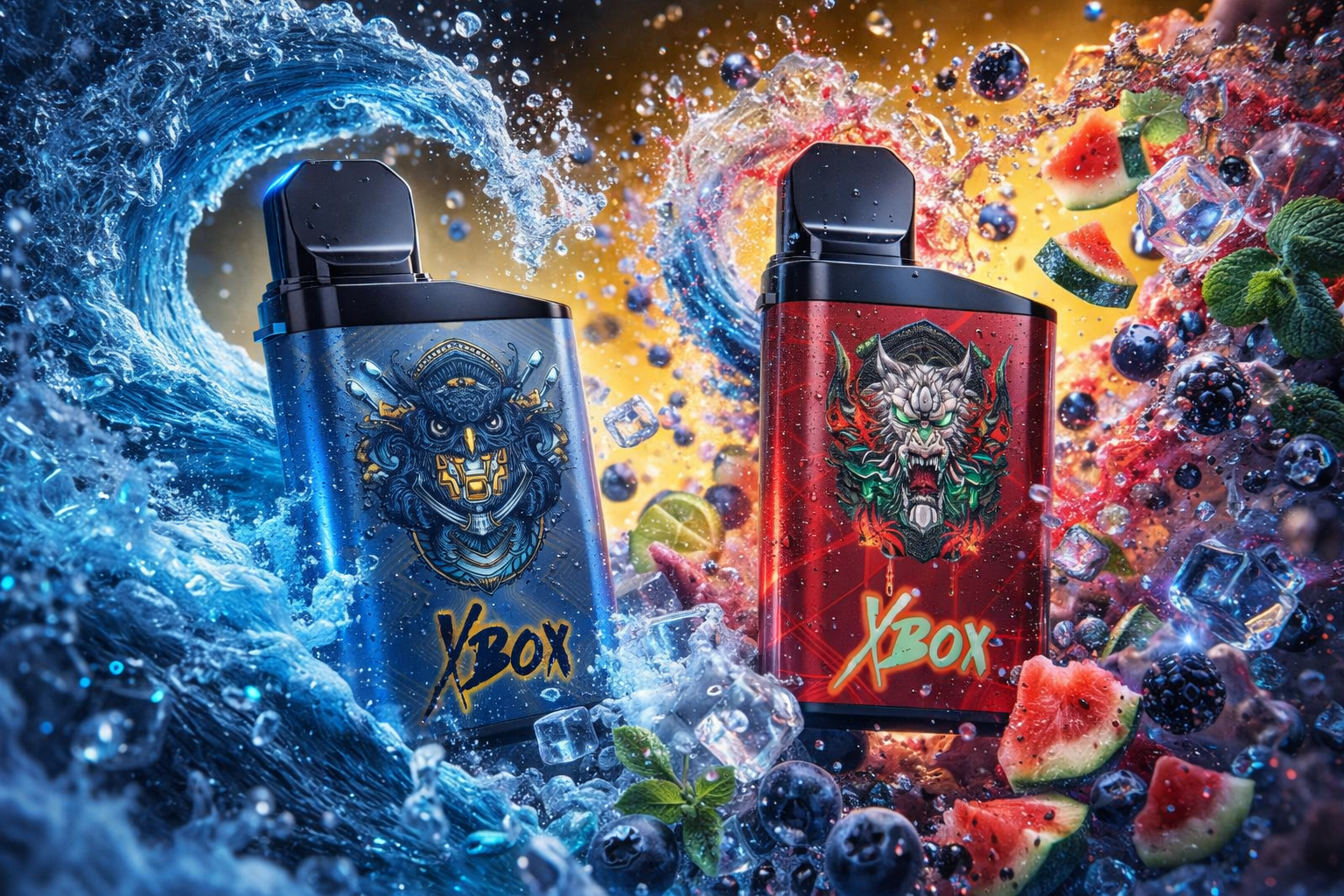 Two XBOX vape devices stand side by side in a dynamic composition of swirling blue and red liquid waves. The blue device features a detailed samurai‑style mask design with gold accents, surrounded by cool water, ice cubes, blueberries, and mint leaves, symbolizing freshness. The red device displays a fierce dragon‑like face with green and white details, framed by fiery red splashes, watermelon slices, lime, and berries, evoking warmth and intensity. The contrasting colors and motion create a dramatic visual balance between cool and hot flavors, emphasizing bold design and energy.