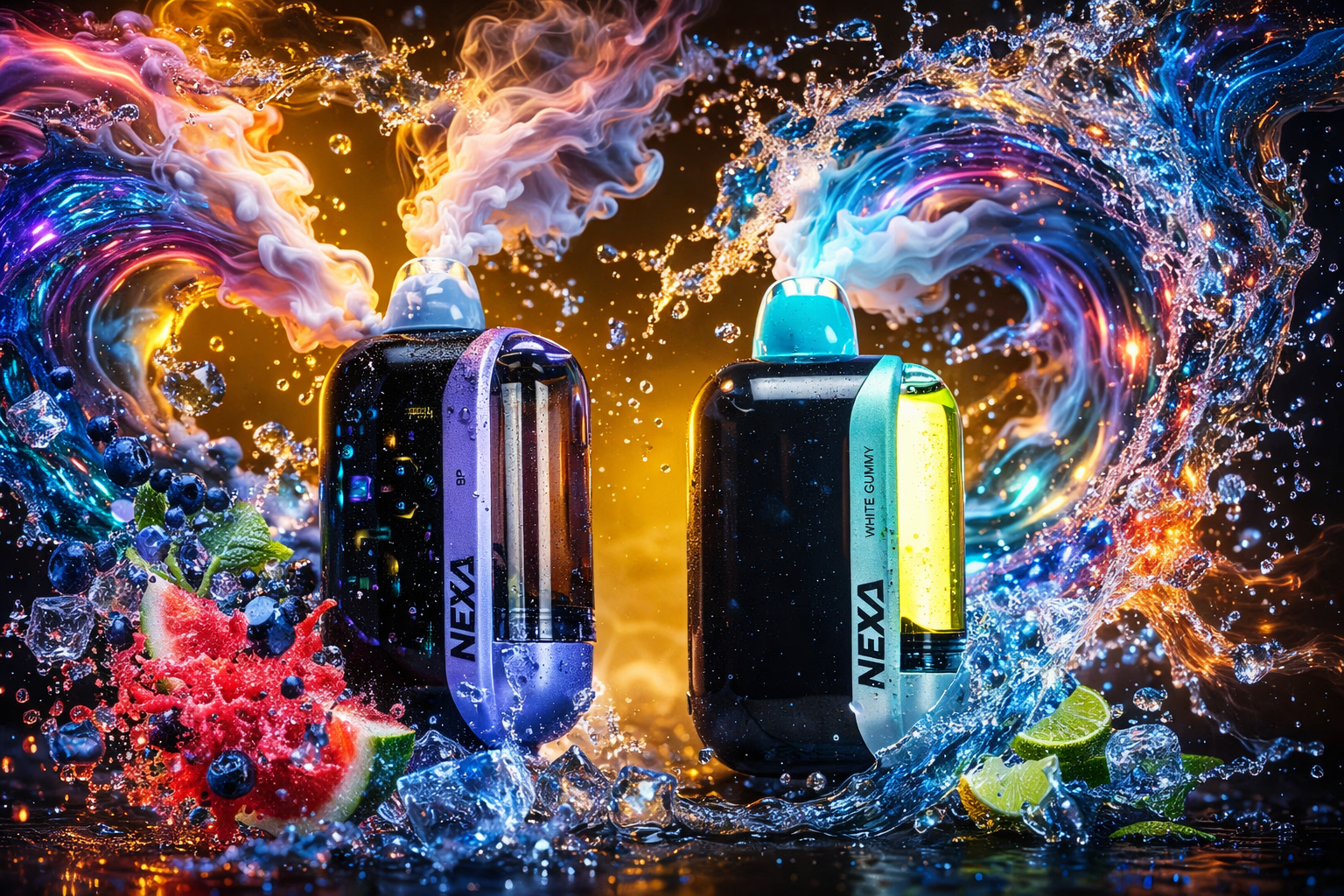 Two NEXA branded disposable vape devices showcased in a vivid, high-energy product shot framed by dramatic swirling arcs of multicolored fire and water elements against a warm golden background. The left device features a sleek black body with a purple side accent panel and a visible transparent e-liquid window labeled 