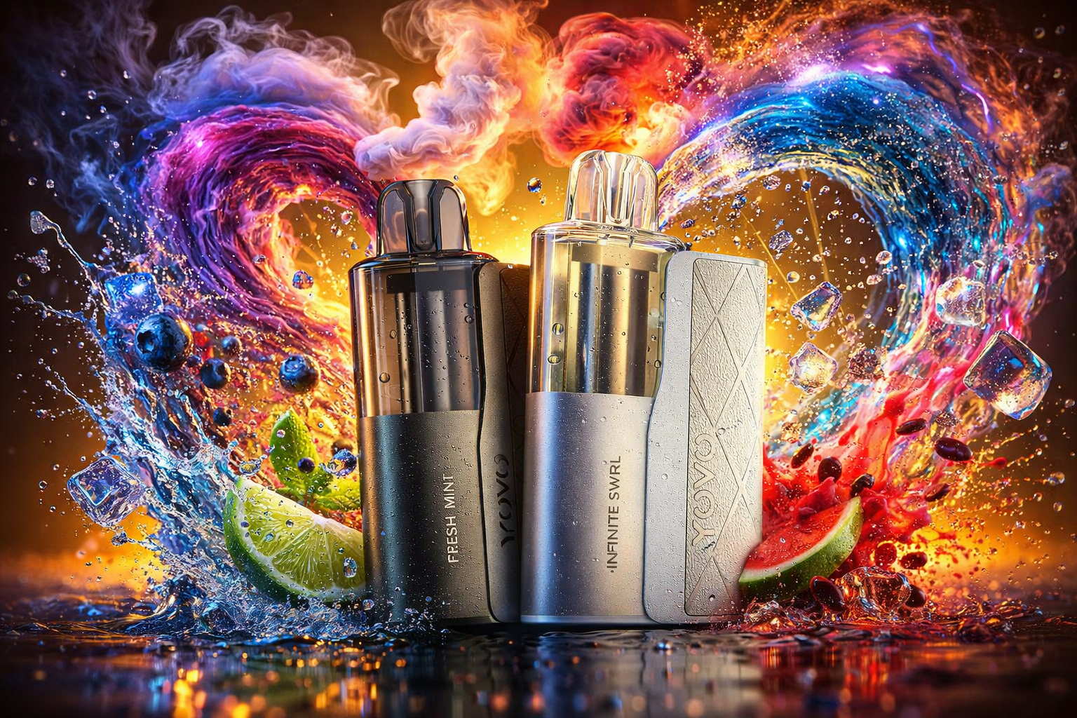 A vibrant product advertisement for two YOVO disposable vape devices — a dark charcoal 
