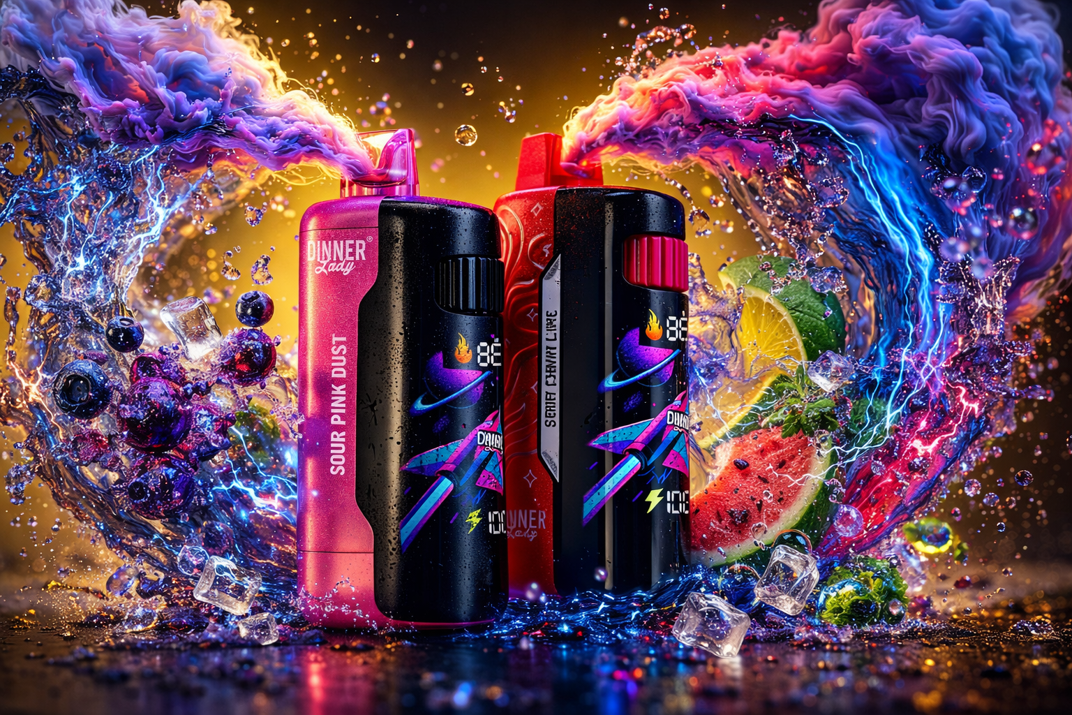 Two “Dinner Lady” vape devices stand side by side amid swirling waves of colorful vapor, liquid, and fruit. The left device, labeled “Sour Pink Dust,” glows in pink and black tones, while the right “Sweet Fruity Lime” device shines in red and black, both emitting vibrant clouds of purple and blue smoke. Around them are ice cubes, blueberries, lime slices, strawberries, and watermelon pieces, creating a dynamic sense of freshness and flavor. The composition blends neon energy and cosmic design, emphasizing intensity, motion, and modern style.