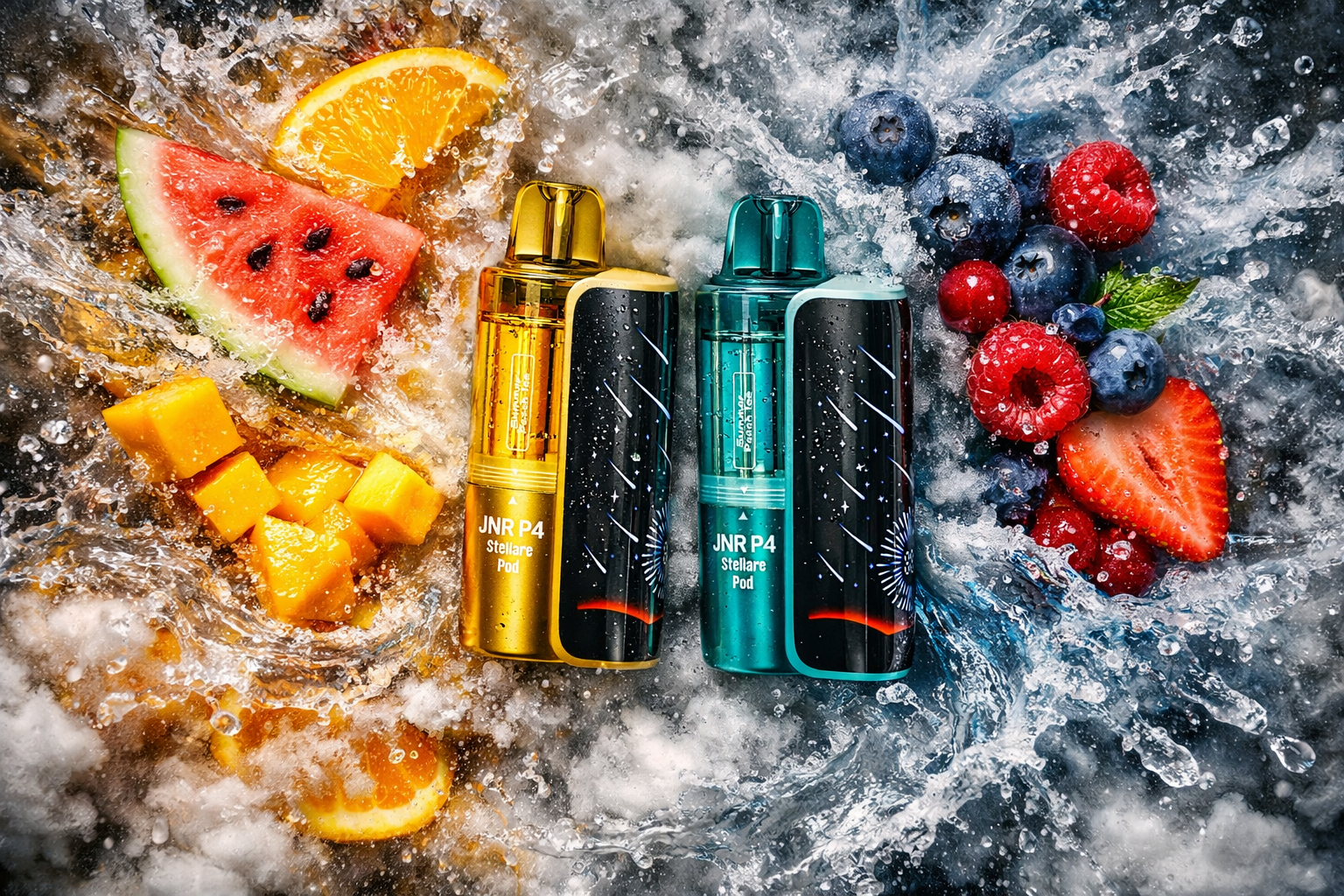 Two vape devices labeled “JNR P4 Stellare Pod” stand side by side amid a dynamic splash of water and colorful fruits. The left device, in metallic gold, is surrounded by orange slices, watermelon, and mango cubes, while the right device, in teal blue, is paired with strawberries, raspberries, blueberries, and mint leaves. Water droplets and motion create a sense of freshness and energy, highlighting the vibrant contrast between warm and cool tones. The composition evokes a feeling of crisp flavor and modern design.