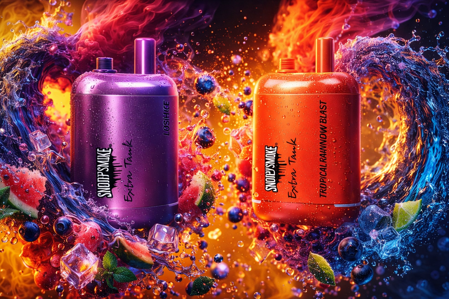Two SnoopySmoke Extra Tank vape devices stand side by side against a vivid backdrop of swirling fire and water. The left device is metallic purple labeled “Losh Ice,” while the right one glows in bright orange with “Tropical Rainbow Blast.” Around them, splashes of liquid, ice cubes, watermelon slices, blueberries, and mint leaves create a dynamic sense of freshness and flavor. The composition radiates energy and contrast, highlighting the vibrant design and premium finish of the products.